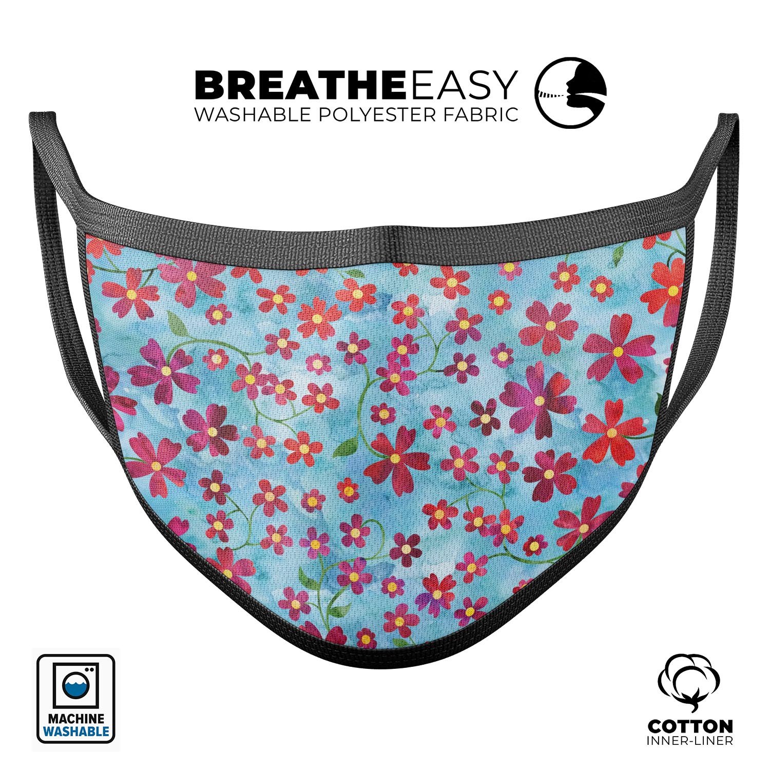 A vibrant face mask featuring flowers with stems over a light blue watercolor background, showcasing its unique design and comfortable fit.