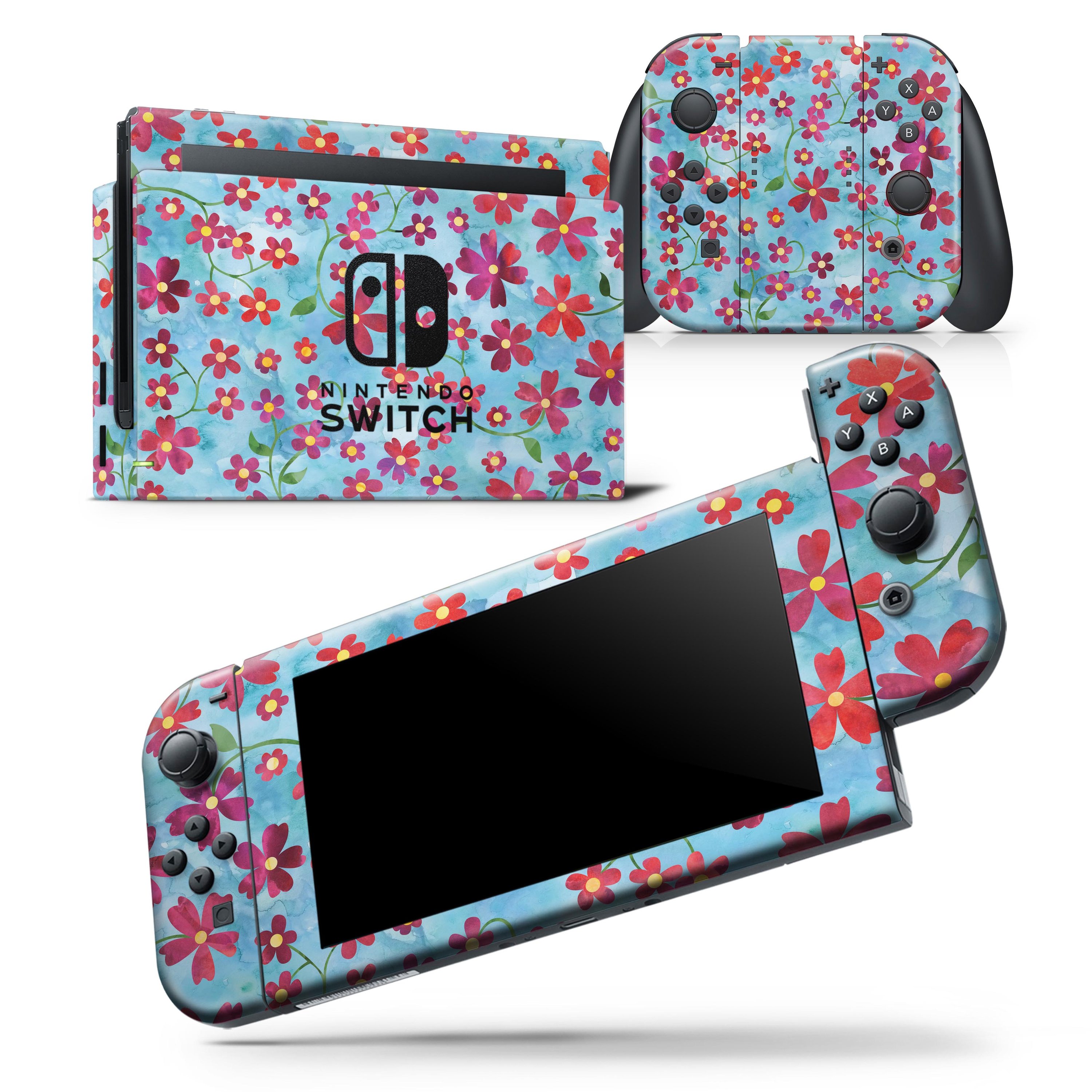 Flowers with Stems over Light Blue Watercolor skin wrap decal for Nintendo Switch, showcasing vibrant floral design and premium quality.