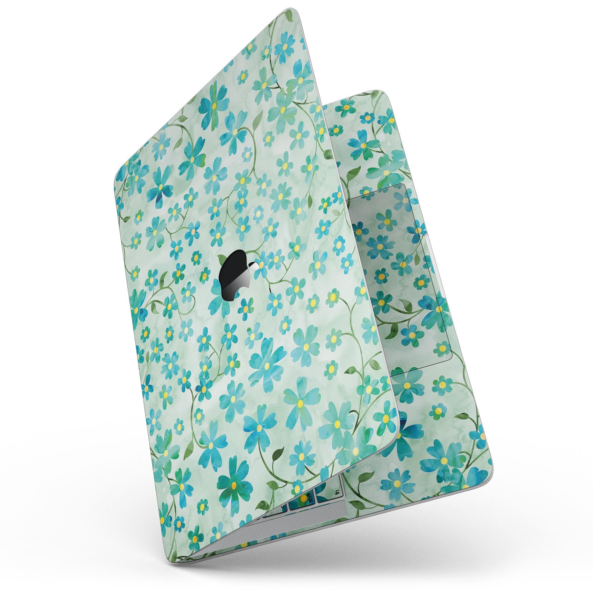 A 13" MacBook Pro with a Flowers with Stems over Light Green Watercolor skin, showcasing vibrant floral patterns on a sleek device.