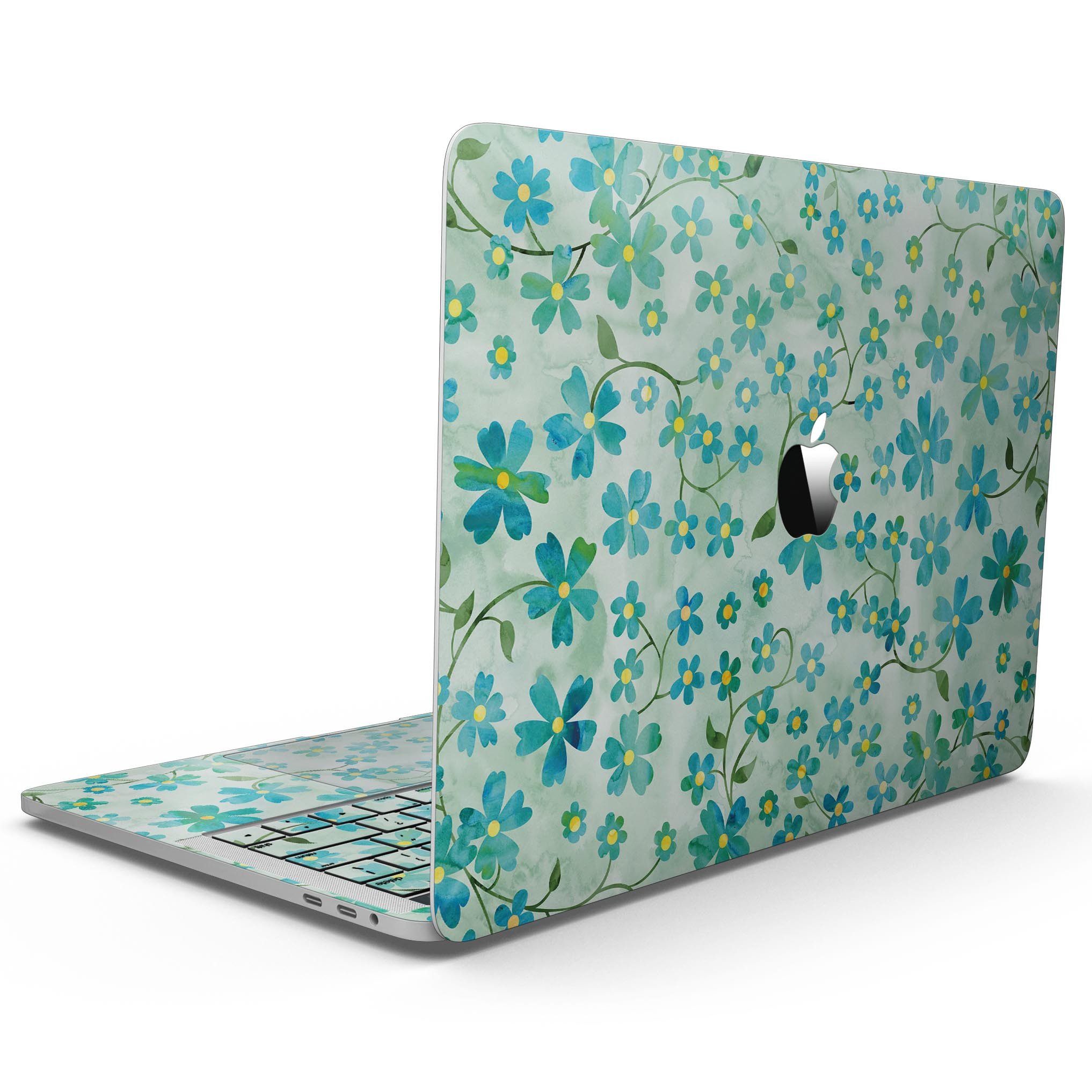 A 13" MacBook Pro with a Flowers with Stems over Light Green Watercolor skin, showcasing vibrant floral patterns on a sleek device.