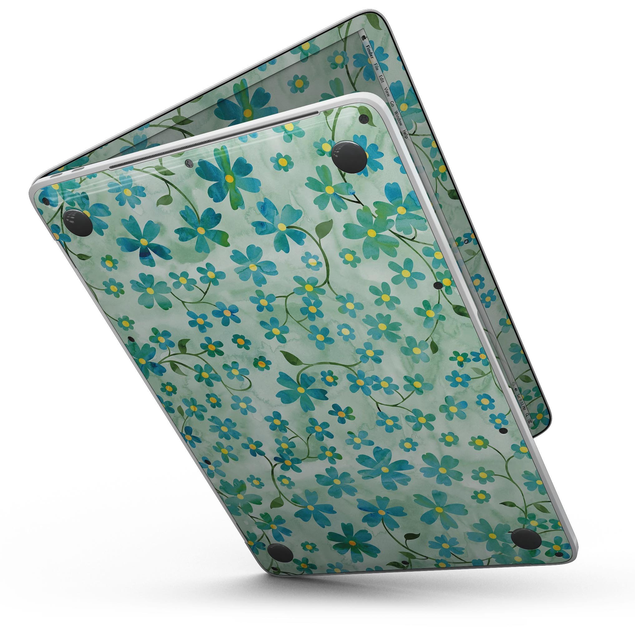 A 13" MacBook Pro with a Flowers with Stems over Light Green Watercolor skin, showcasing vibrant floral patterns on a sleek device.