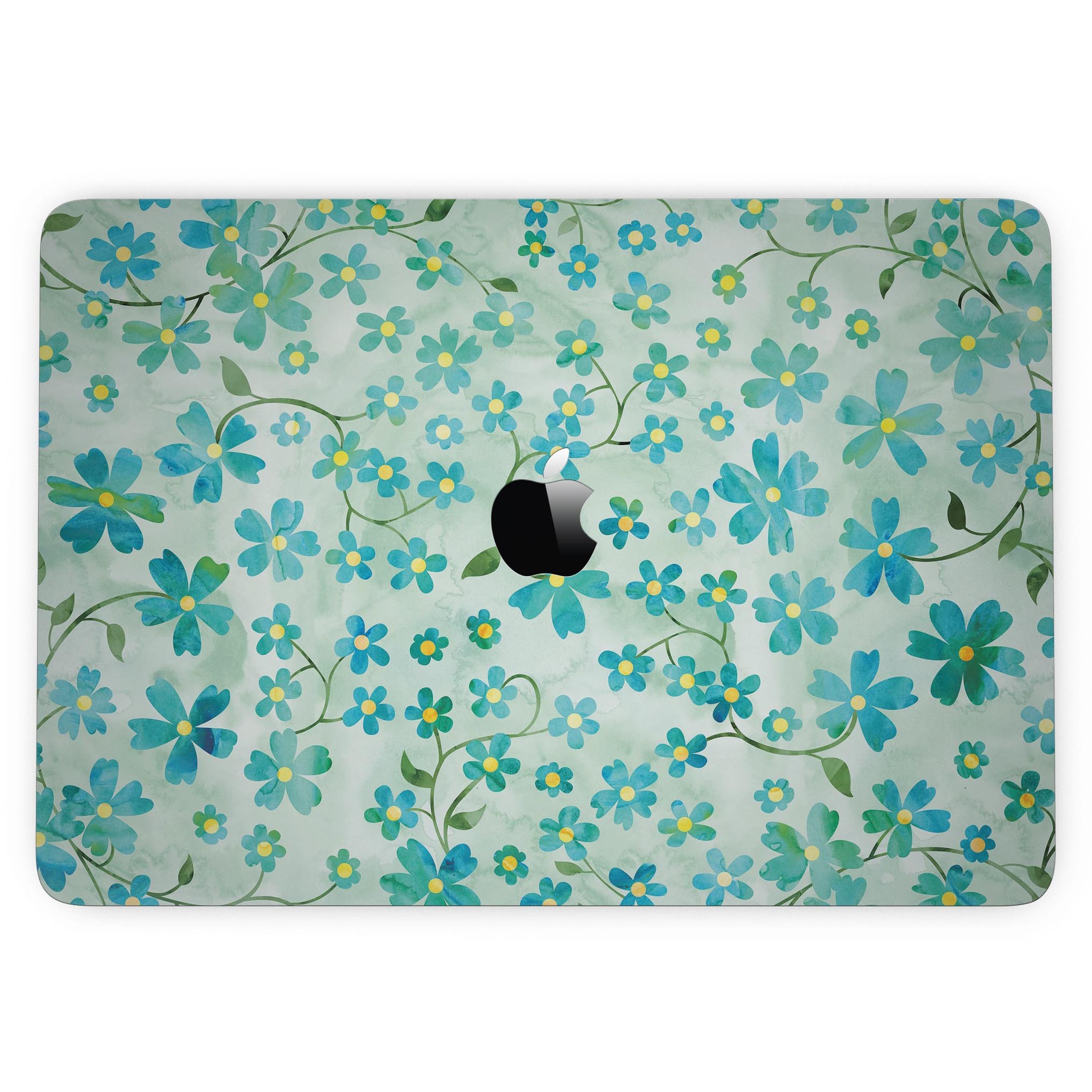 A 13" MacBook Pro with a Flowers with Stems over Light Green Watercolor skin, showcasing vibrant floral patterns on a sleek device.