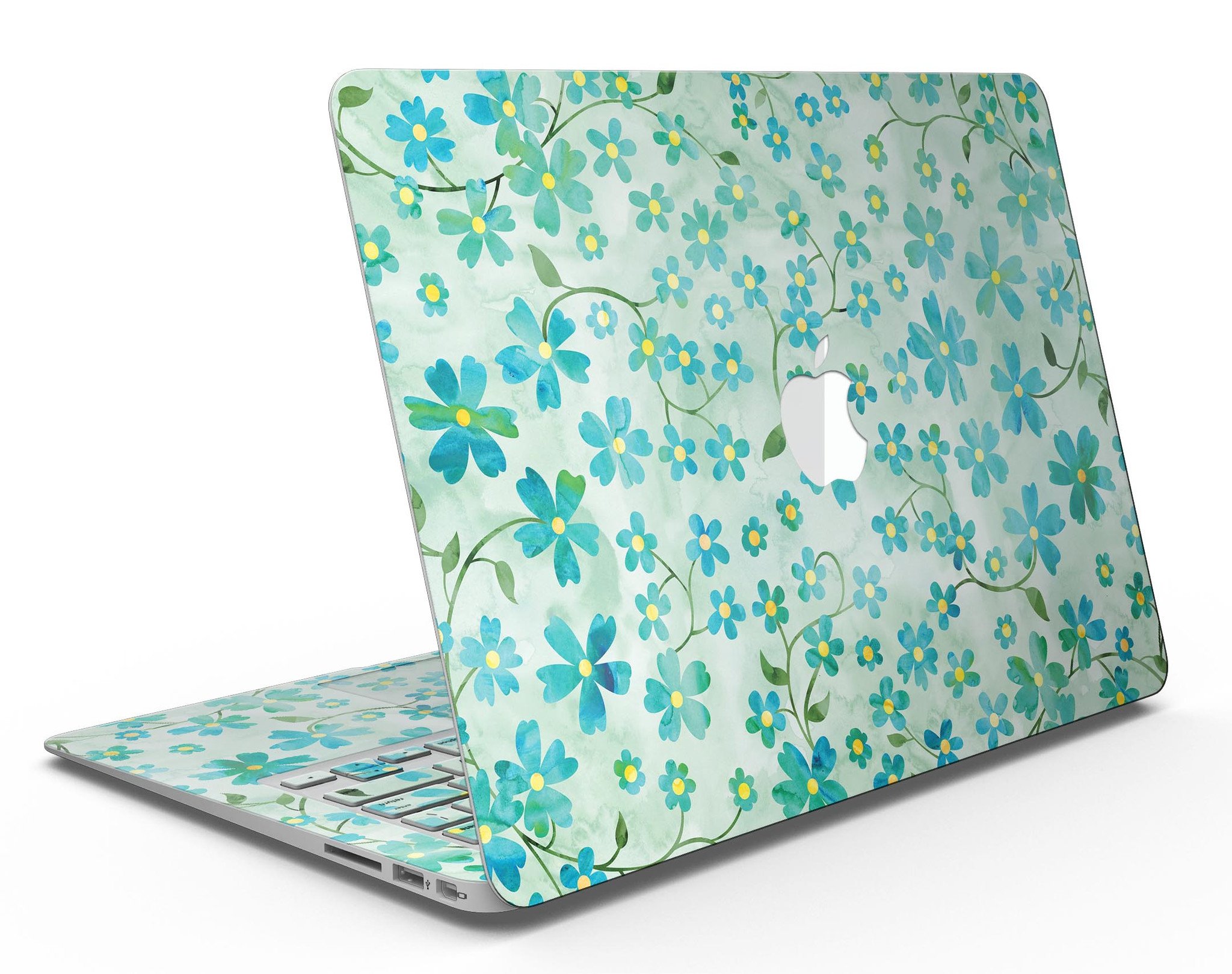 MacBook Air with Flowers and Stems skin over light green watercolor background, showcasing stylish design and protection.