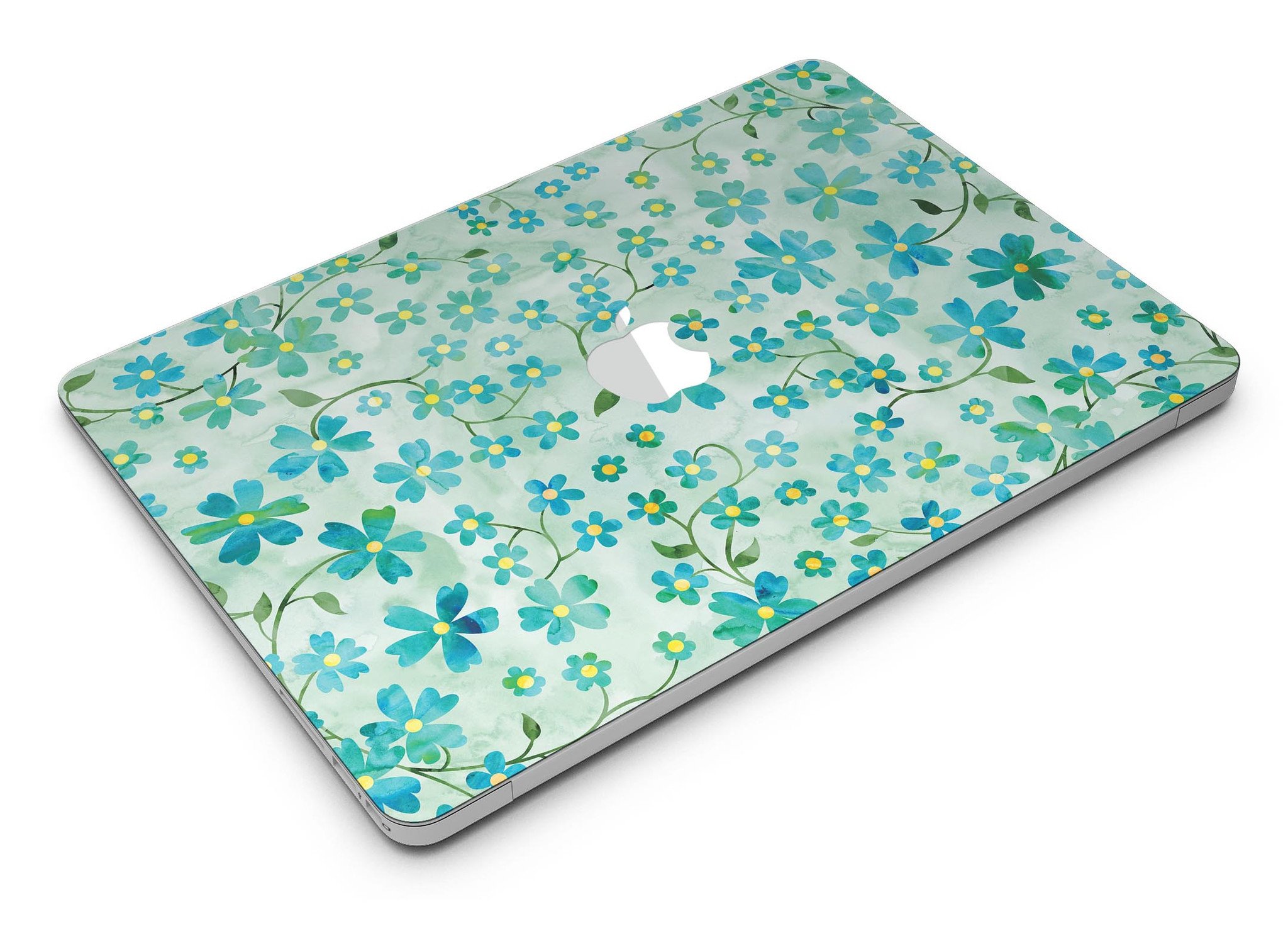 MacBook Air with Flowers and Stems skin over light green watercolor background, showcasing stylish design and protection.