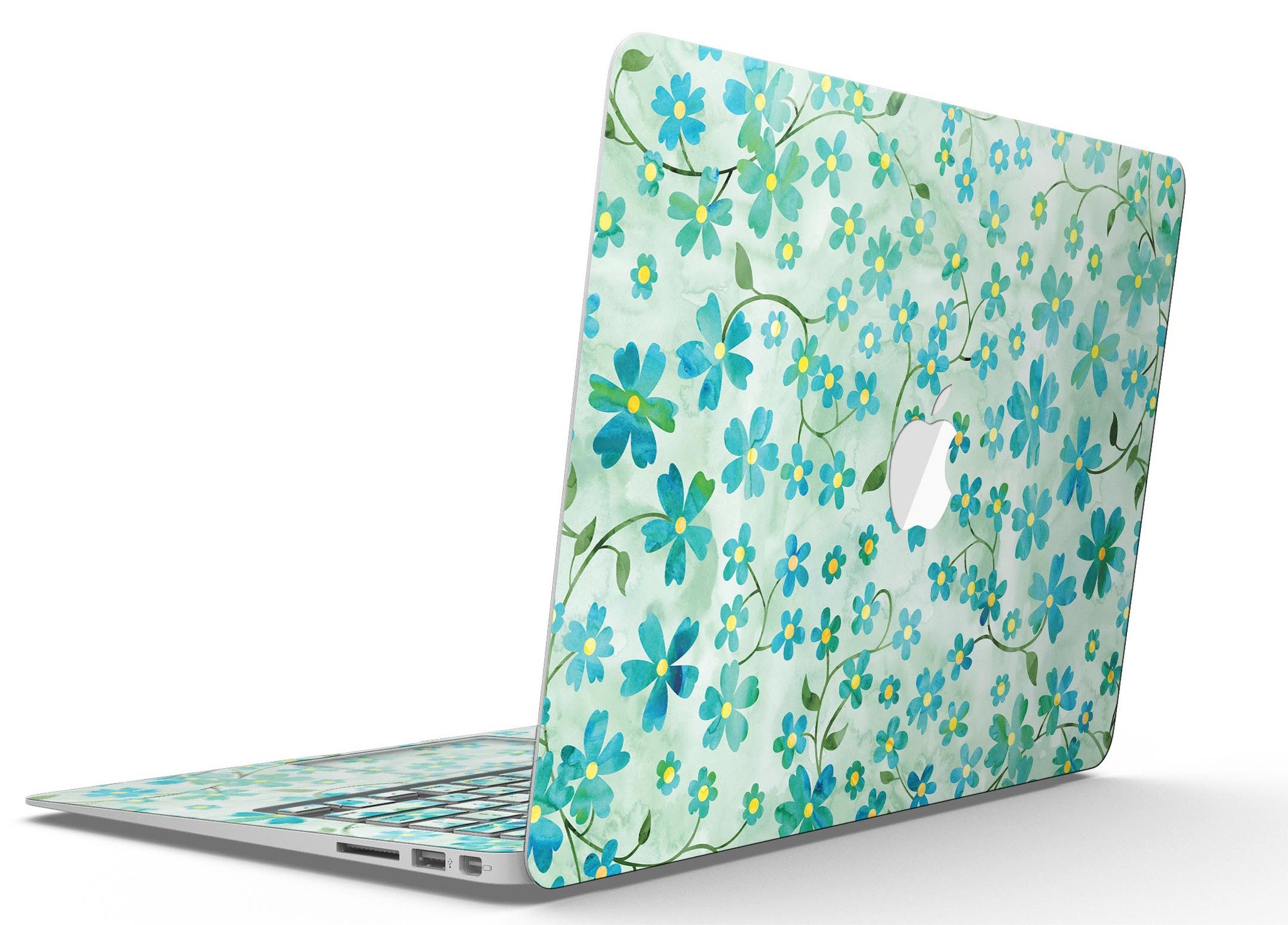 MacBook Air with Flowers and Stems skin over light green watercolor background, showcasing stylish design and protection.