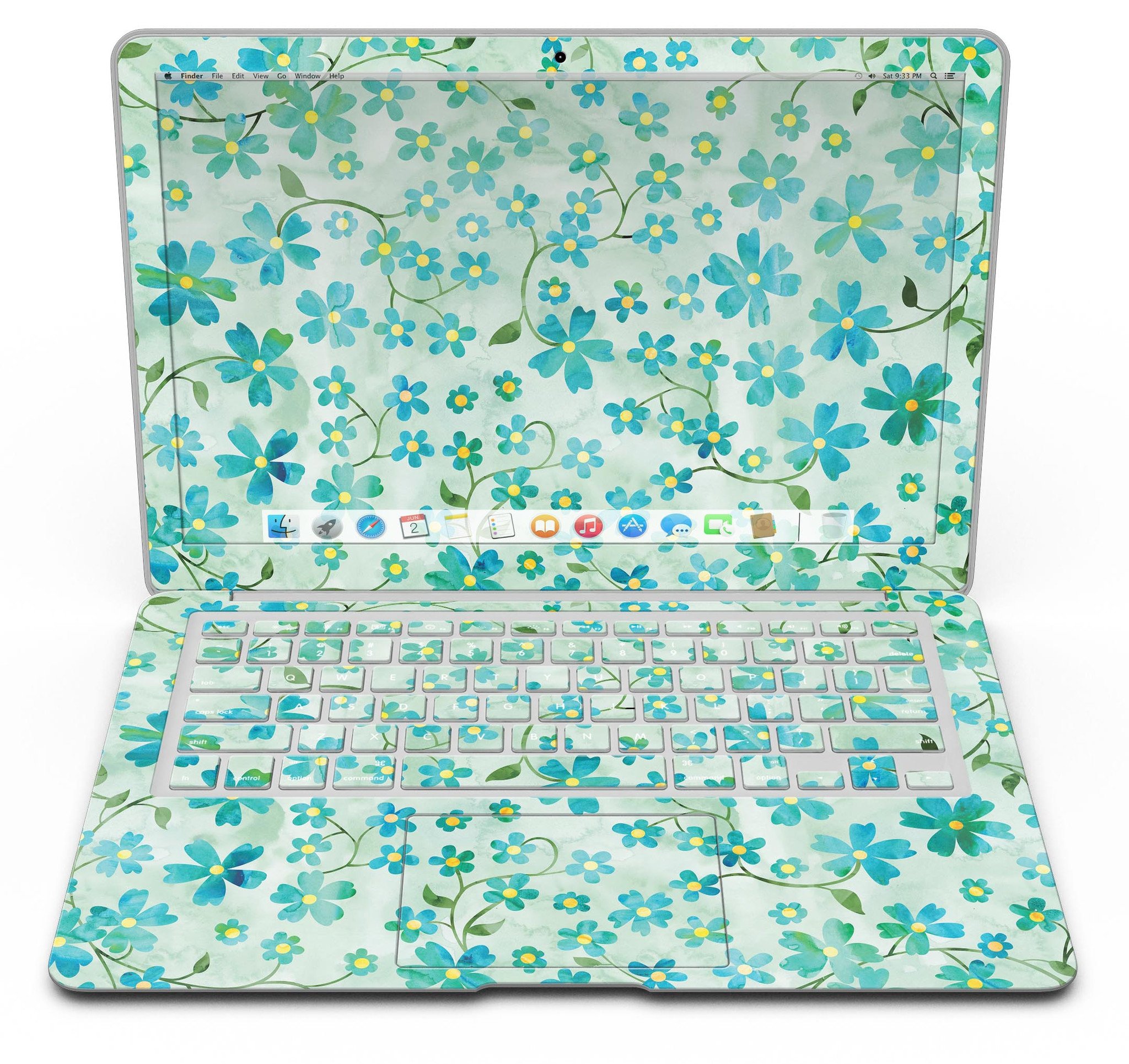 MacBook Air with Flowers and Stems skin over light green watercolor background, showcasing stylish design and protection.