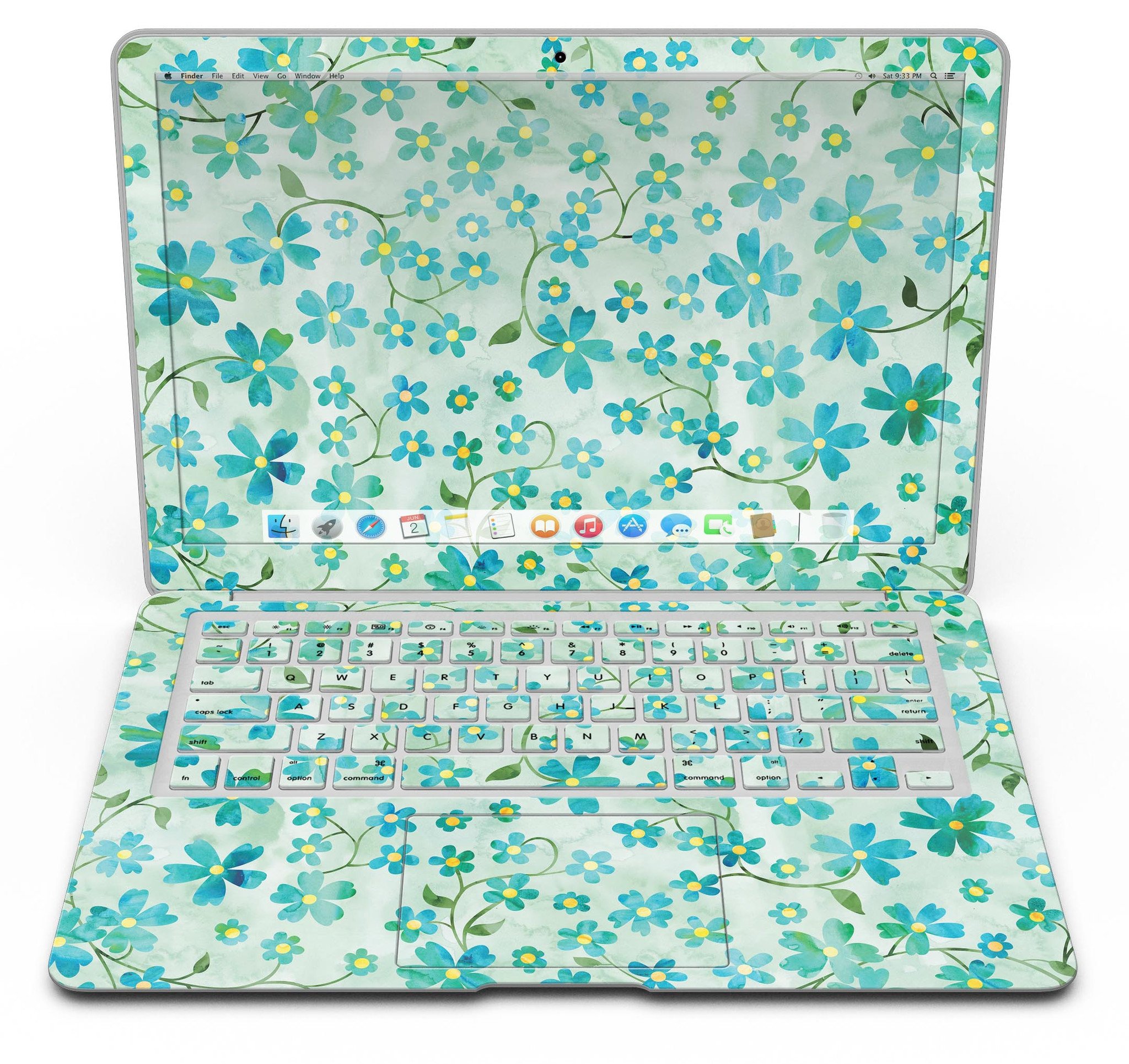 MacBook Air with Flowers and Stems skin over light green watercolor background, showcasing stylish design and protection.