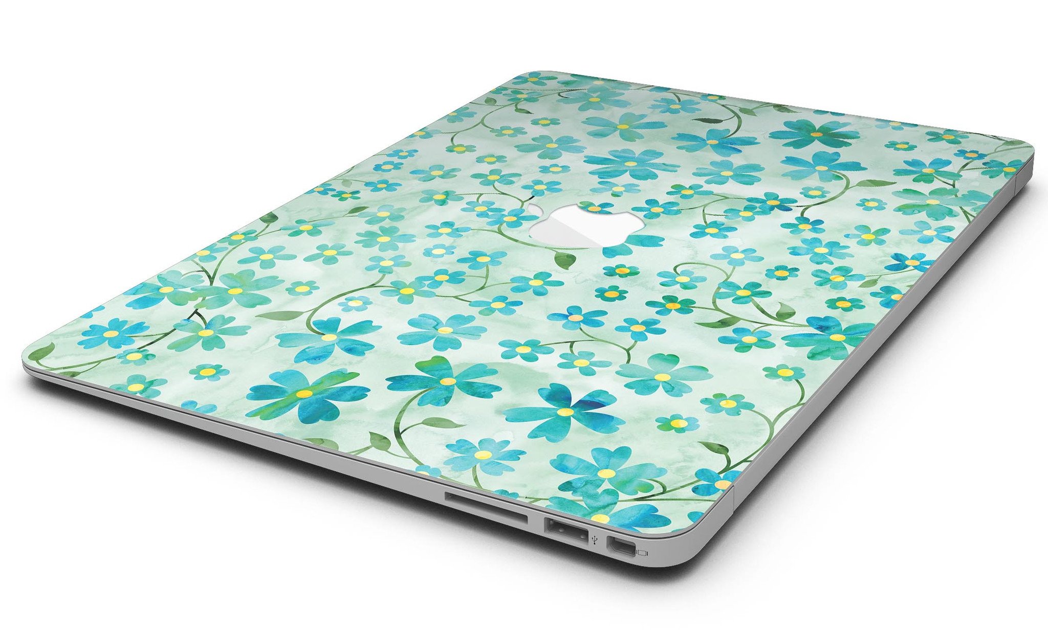 MacBook Air with Flowers and Stems skin over light green watercolor background, showcasing stylish design and protection.