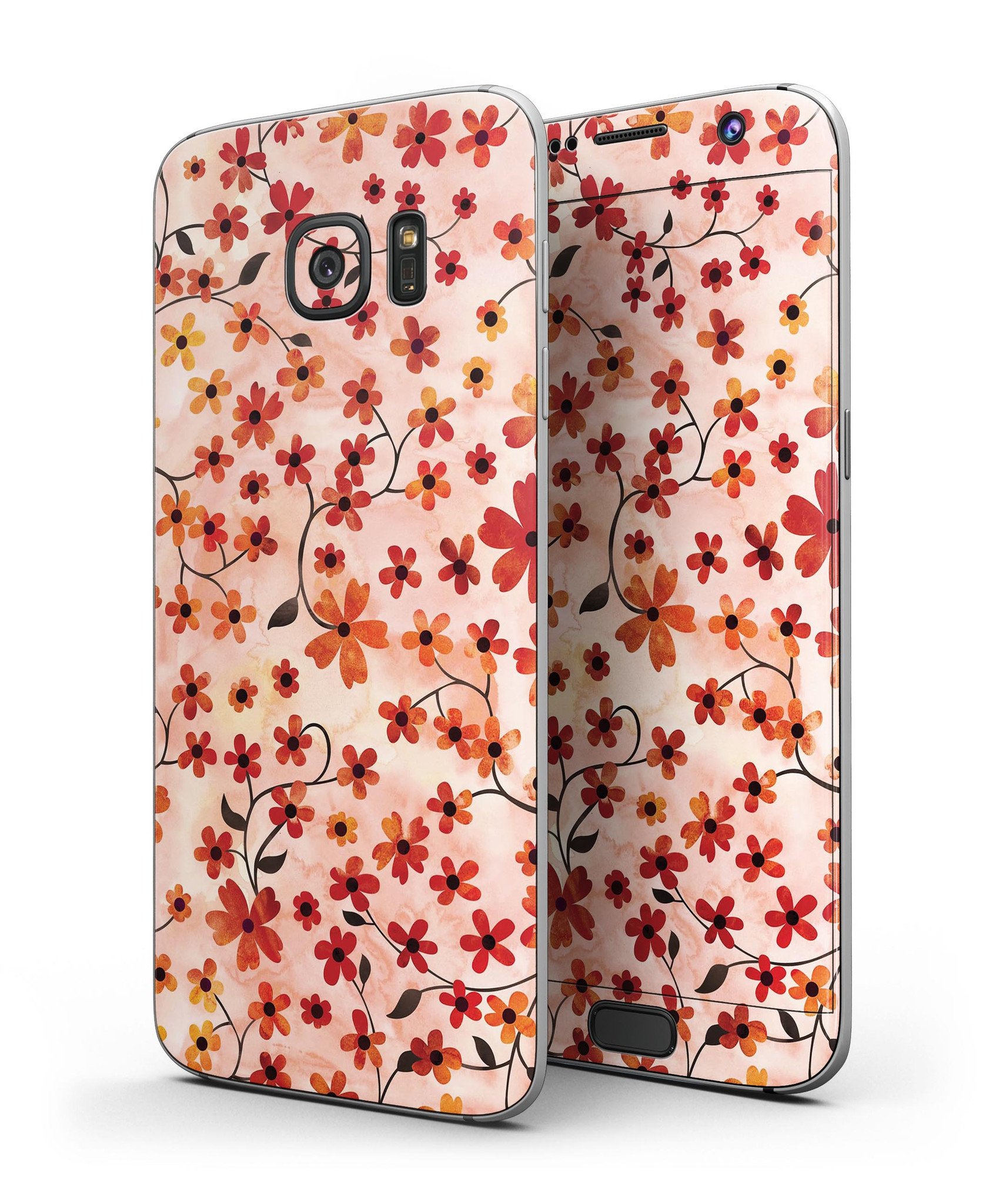 Full body skin kit for Samsung Galaxy S7/S7 Edge featuring a floral design with stems over an orange watercolor background.