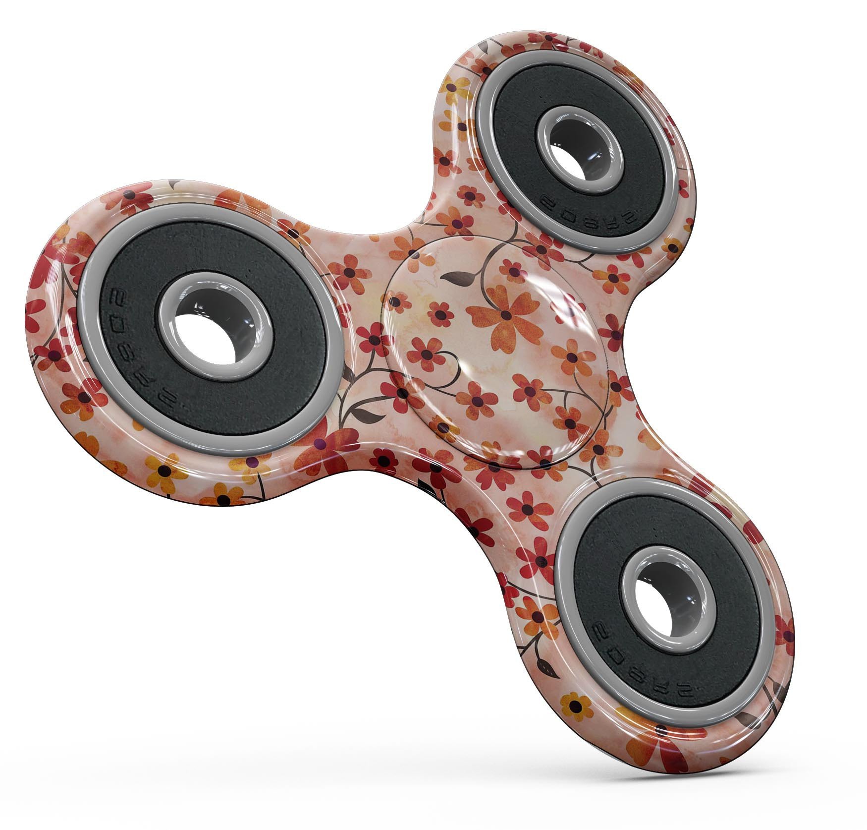 A colorful fidget spinner skin featuring flowers with stems over an orange watercolor background, designed for durability and style.