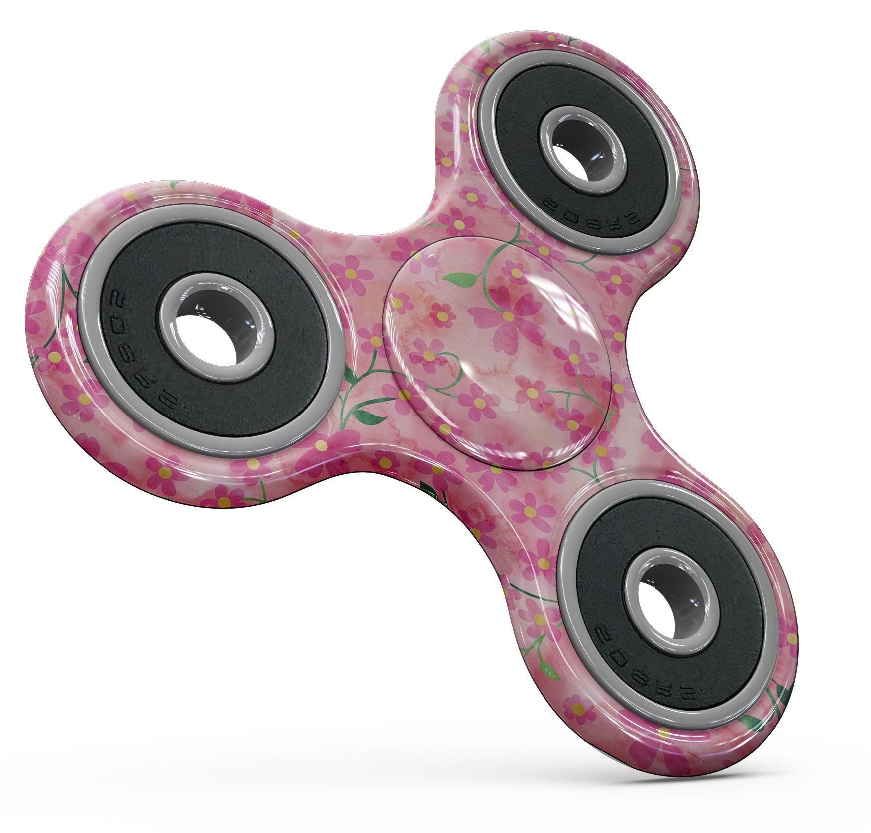 A colorful fidget spinner skin featuring flowers with stems over a pink watercolor background, designed for durability and style.