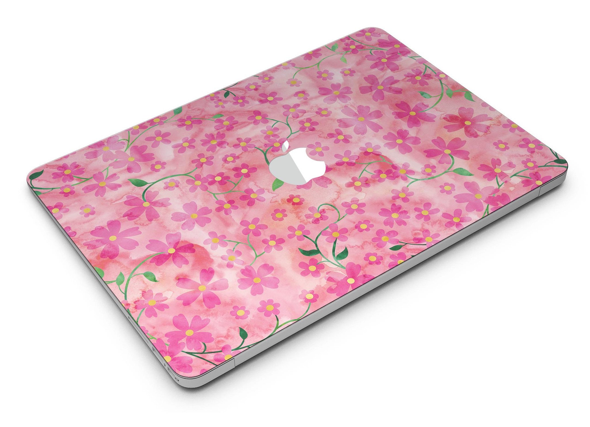 A MacBook Air adorned with a floral skin featuring stems over a pink watercolor background, showcasing vibrant colors and a stylish design.