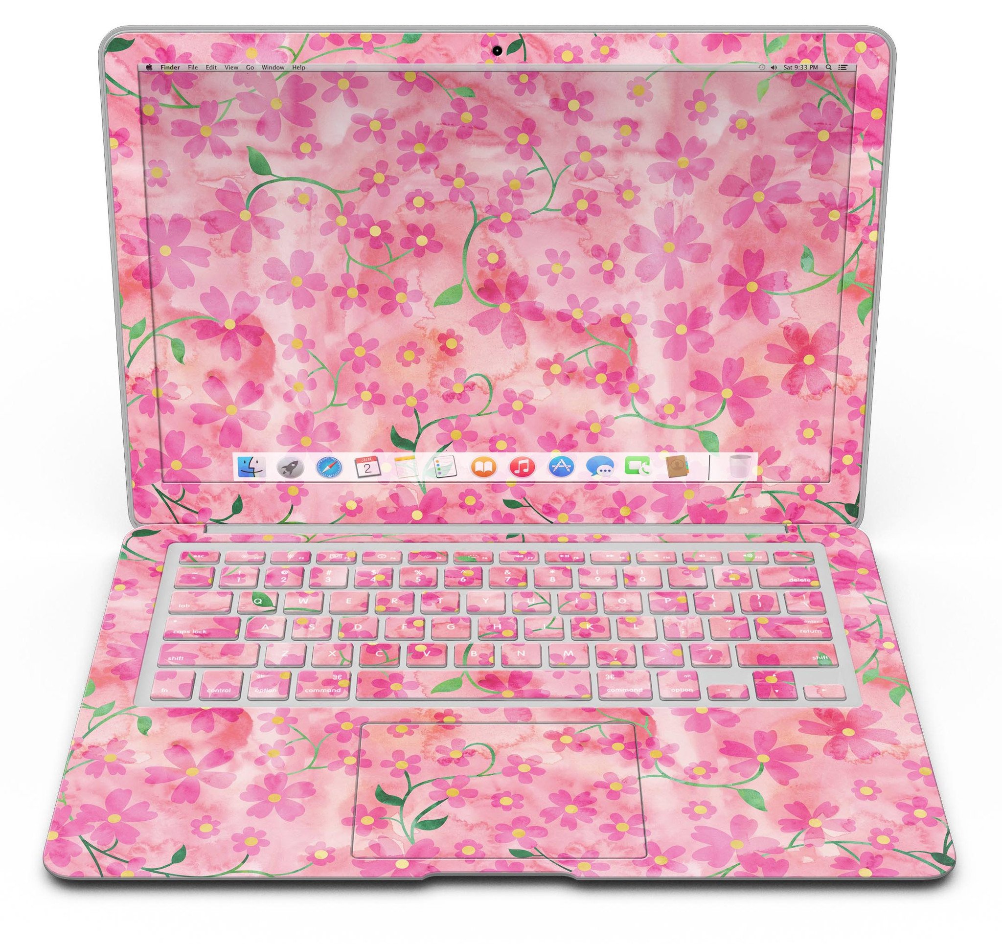 A MacBook Air adorned with a floral skin featuring stems over a pink watercolor background, showcasing vibrant colors and a stylish design.