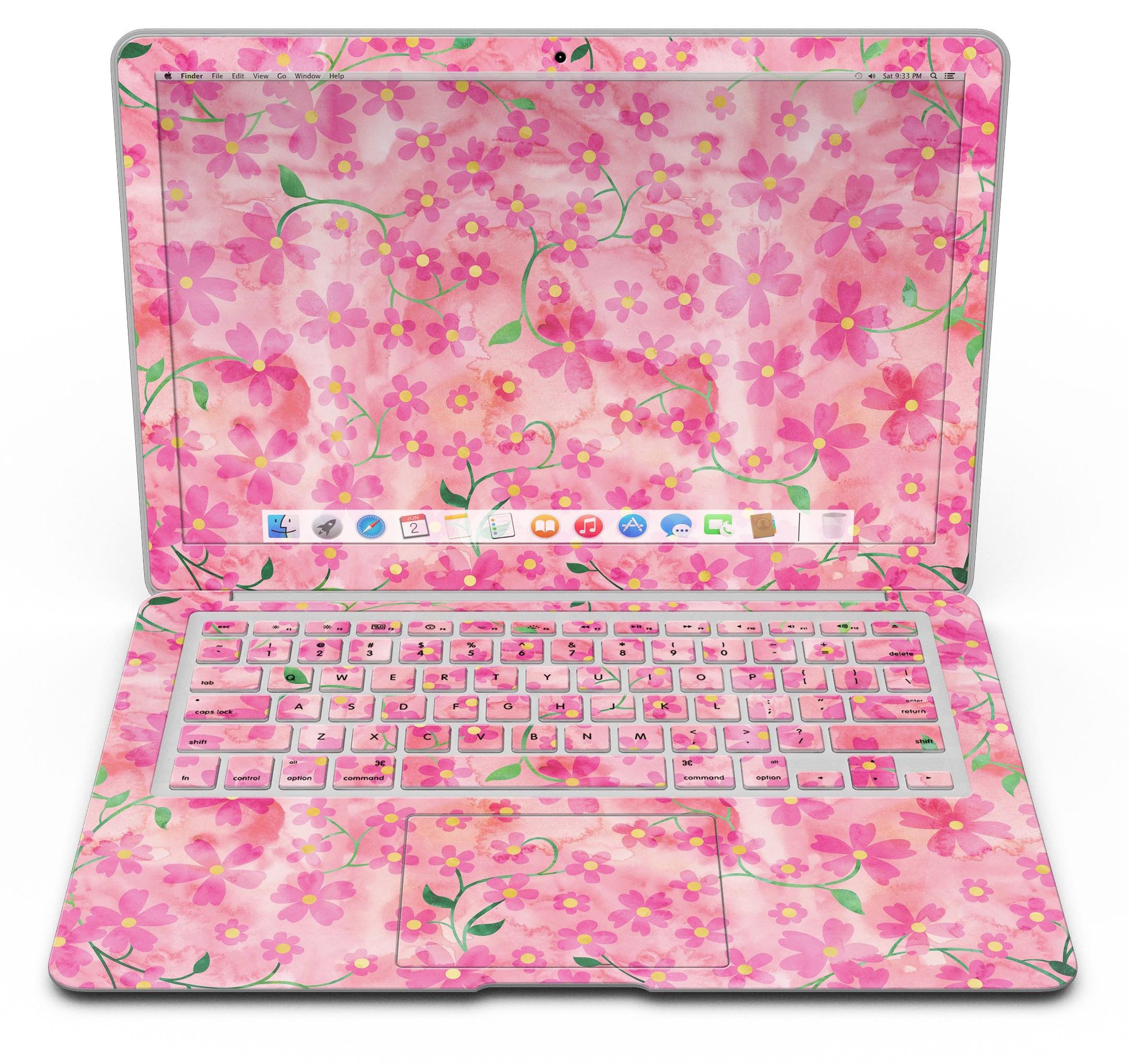 A MacBook Air adorned with a floral skin featuring stems over a pink watercolor background, showcasing vibrant colors and a stylish design.