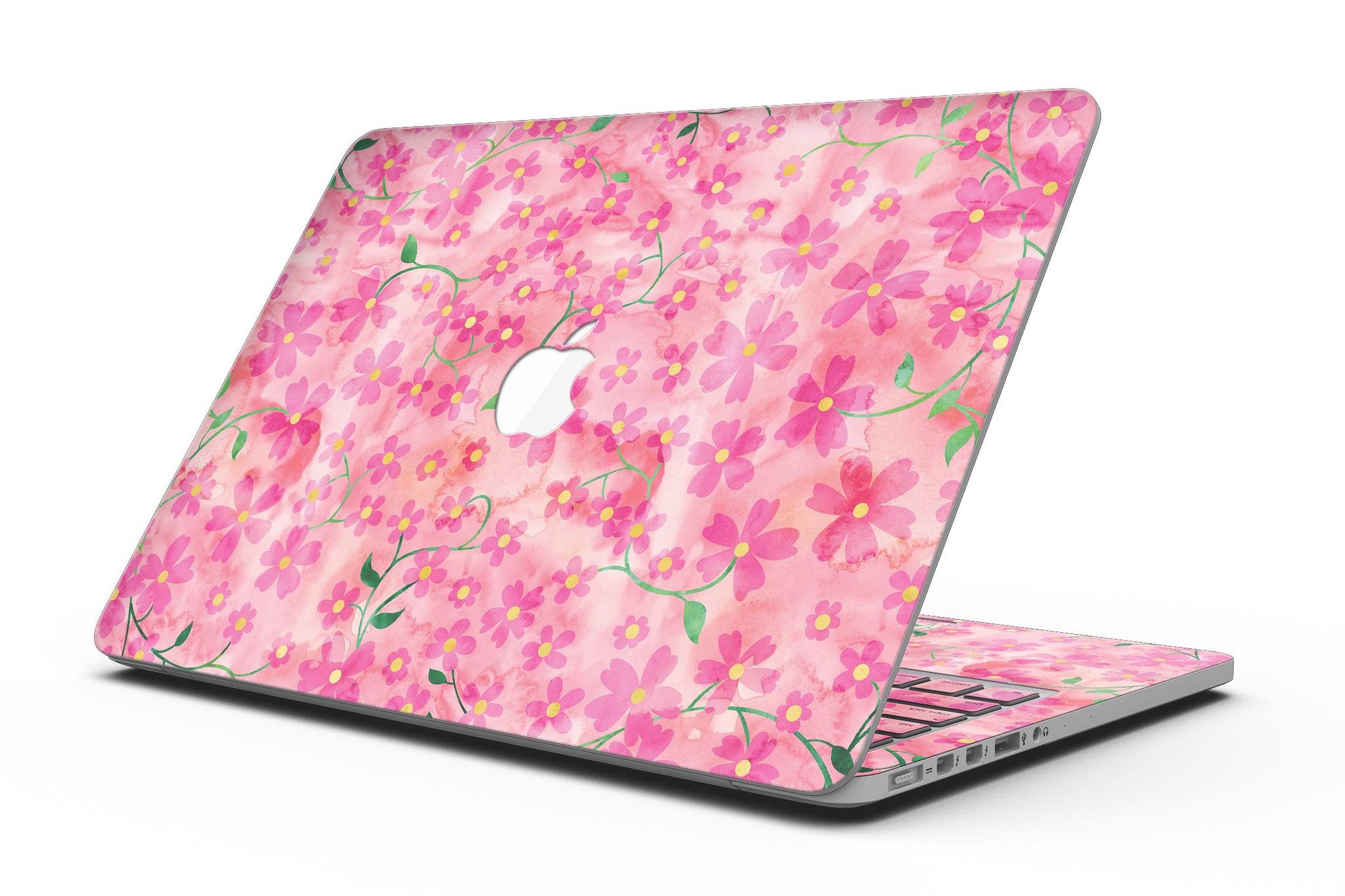 A MacBook Pro with Retina Display featuring a vibrant Flowers with Stems design skin, showcasing a beautiful floral pattern on a pink watercolor background.