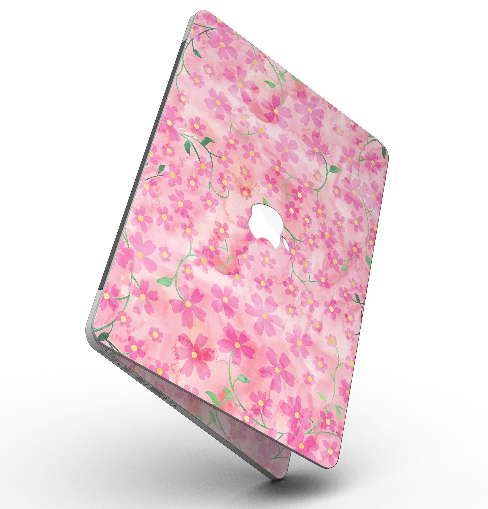 A MacBook Pro with Retina Display featuring a vibrant Flowers with Stems design skin, showcasing a beautiful floral pattern on a pink watercolor background.