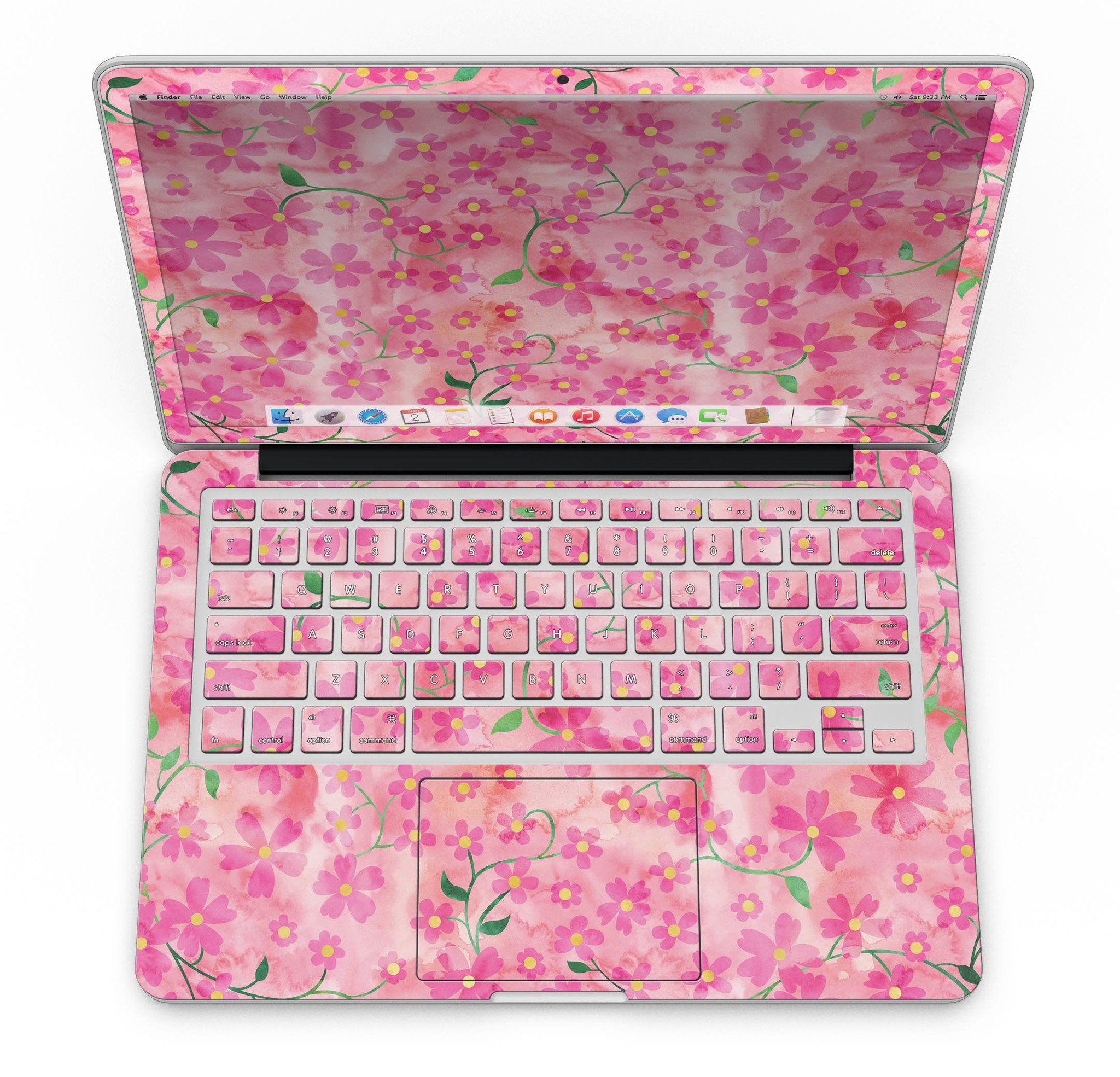 A MacBook Pro with Retina Display featuring a vibrant Flowers with Stems design skin, showcasing a beautiful floral pattern on a pink watercolor background.