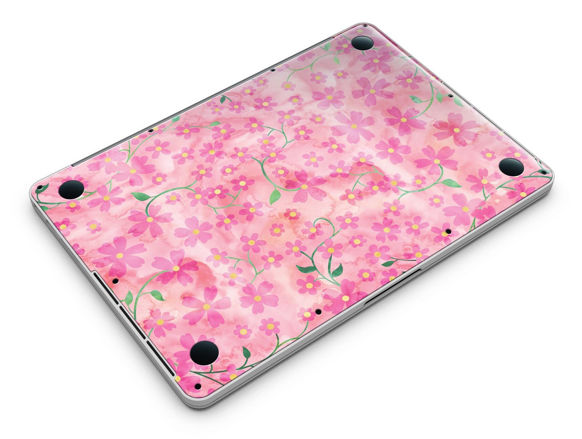 A MacBook Pro with Retina Display featuring a vibrant Flowers with Stems design skin, showcasing a beautiful floral pattern on a pink watercolor background.