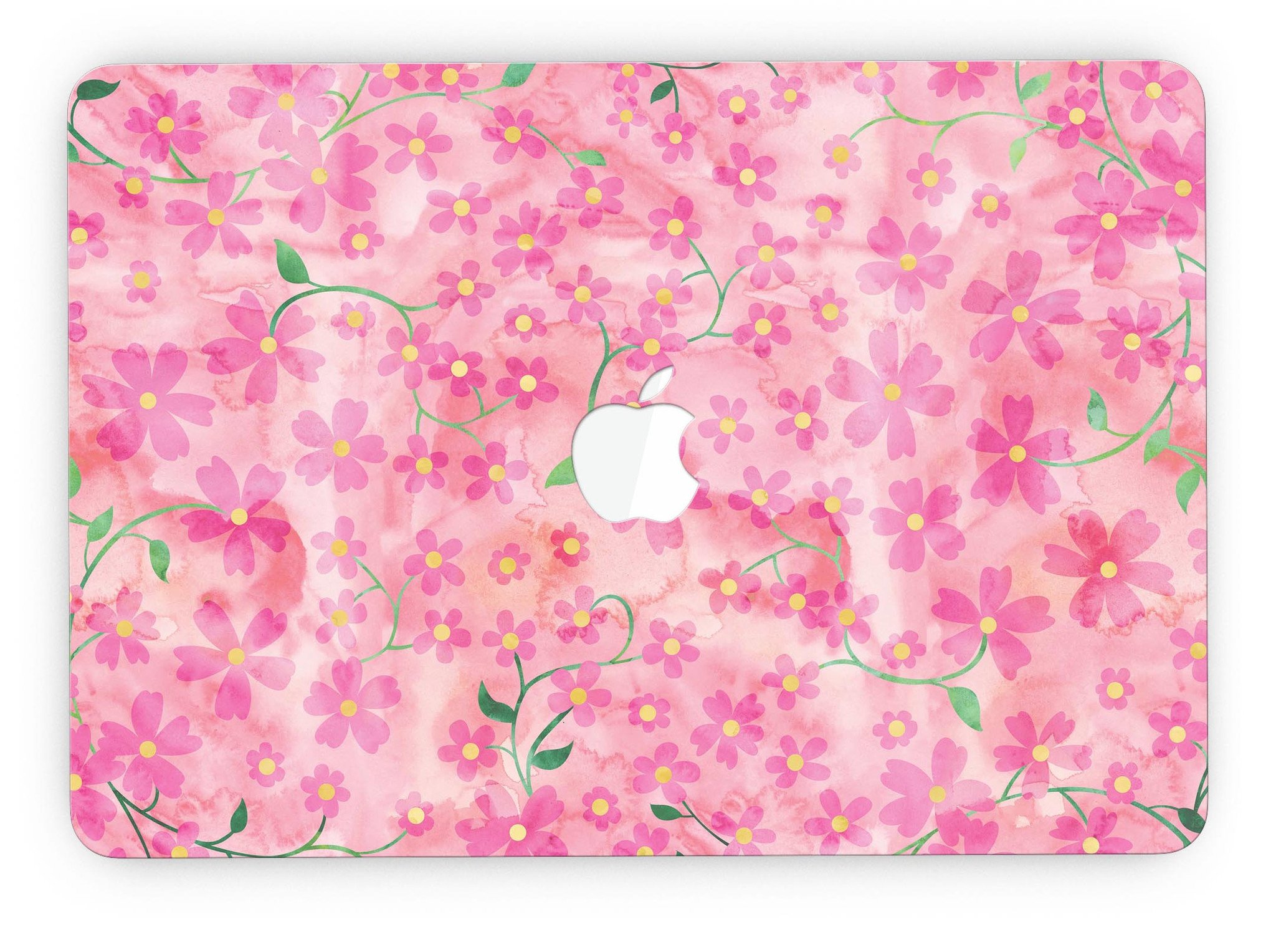 A MacBook Pro with Retina Display featuring a vibrant Flowers with Stems design skin, showcasing a beautiful floral pattern on a pink watercolor background.