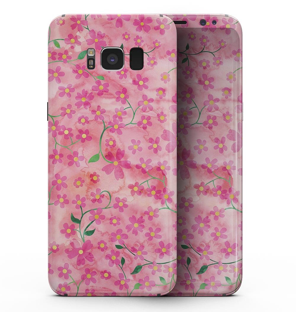 Samsung Galaxy S8 with a floral skin featuring flowers and pink watercolor design, showcasing style and protection.