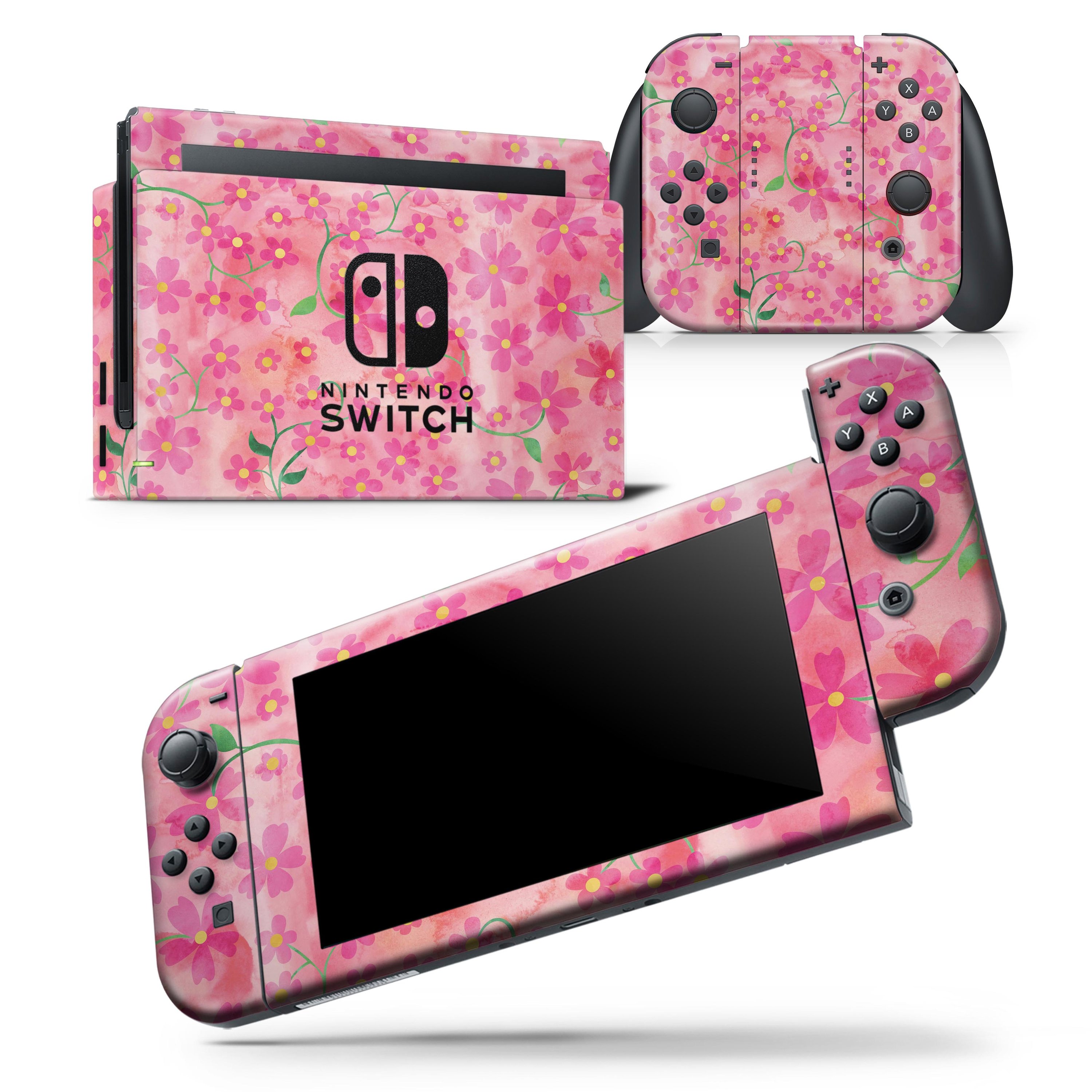 Flowers with Stems over Pink Watercolor skin wrap decal for Nintendo Switch, showcasing vibrant floral design on a soft-touch finish.