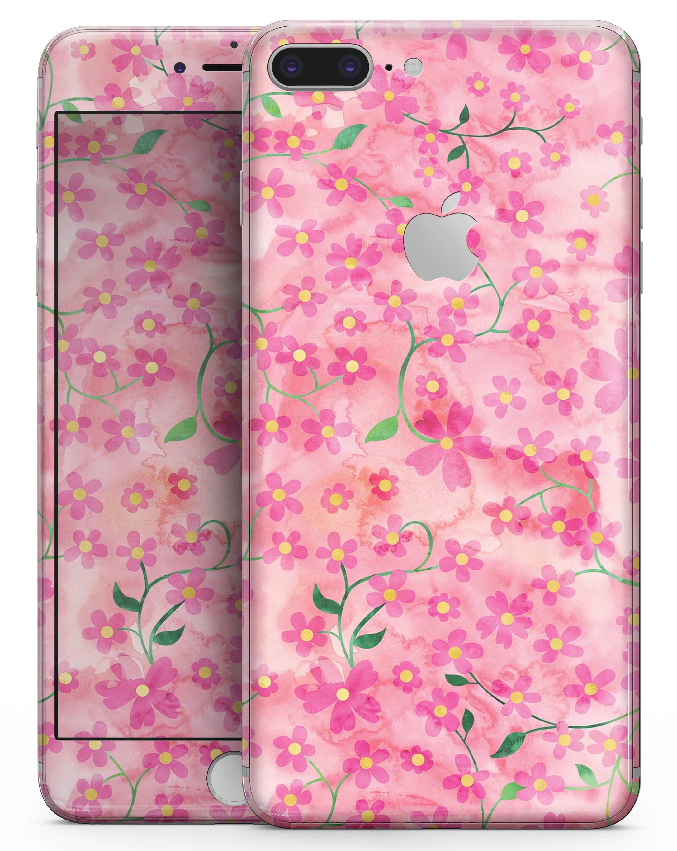 Flowers with Stems design skin for iPhone 8 and 8 Plus, showcasing vibrant floral patterns on a pink watercolor background.