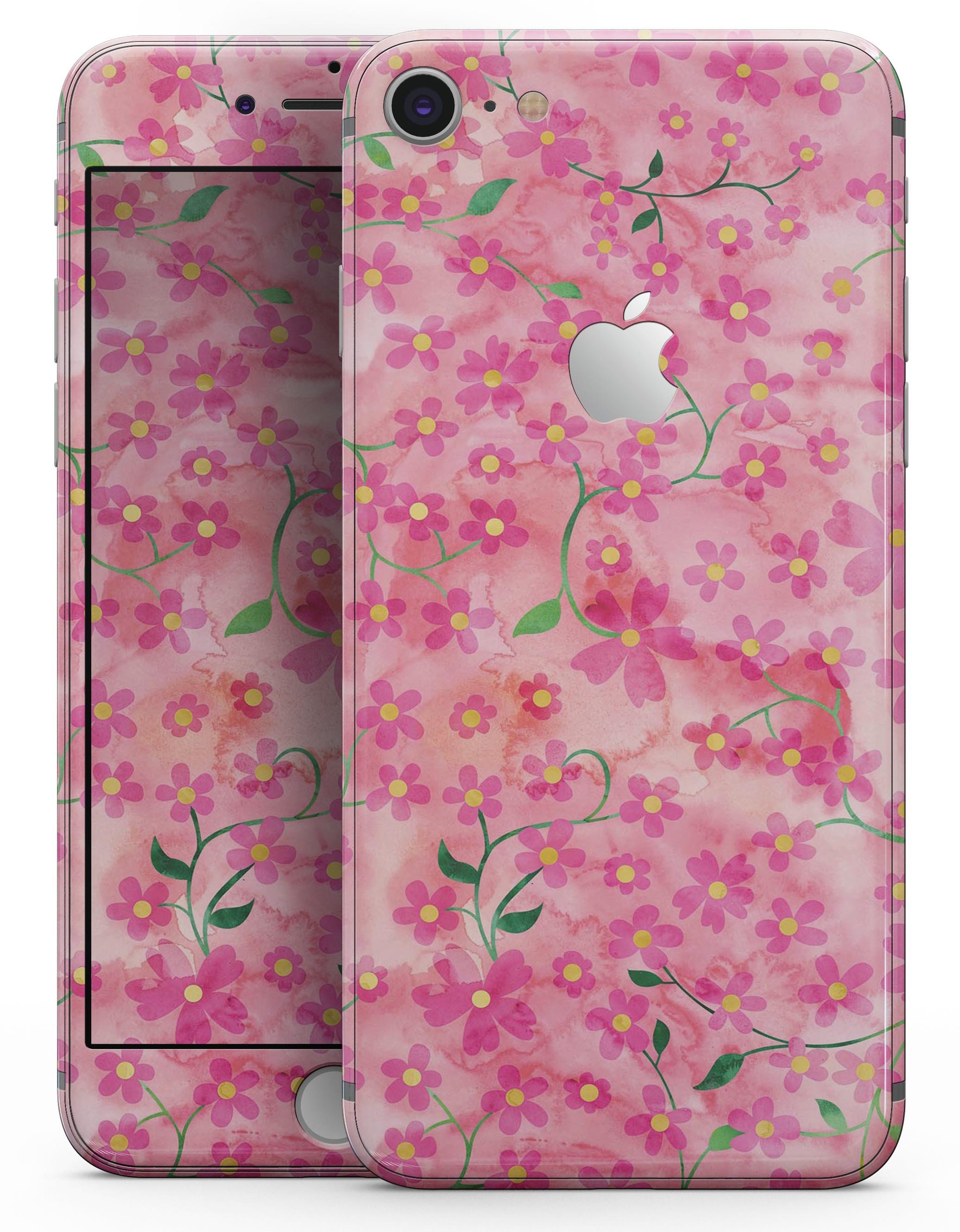 Flowers with Stems design skin for iPhone 8 and 8 Plus, showcasing vibrant floral patterns on a pink watercolor background.