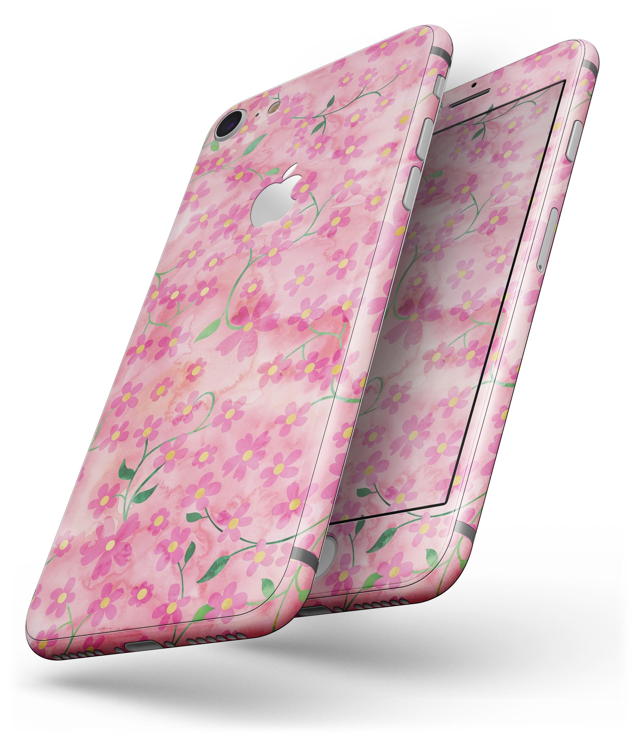 Flowers with Stems design skin for iPhone 8 and 8 Plus, showcasing vibrant floral patterns on a pink watercolor background.