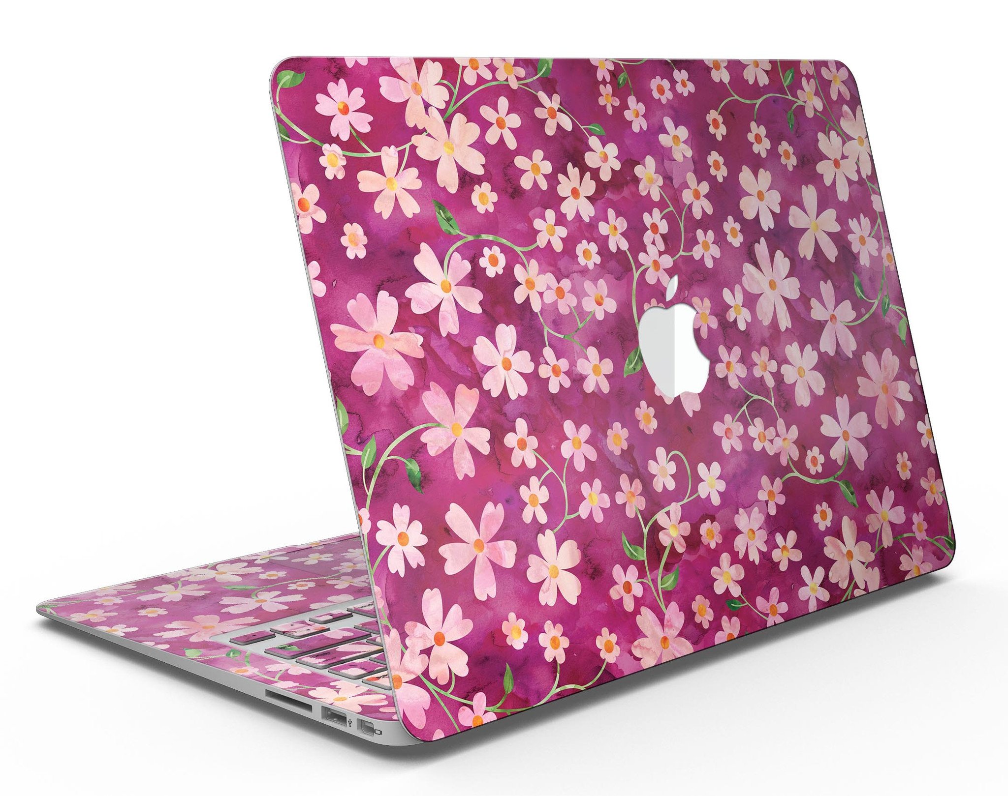 A MacBook Air adorned with a Flowers with Stems over Wine Watercolor skin, showcasing vibrant floral patterns on a sleek device.