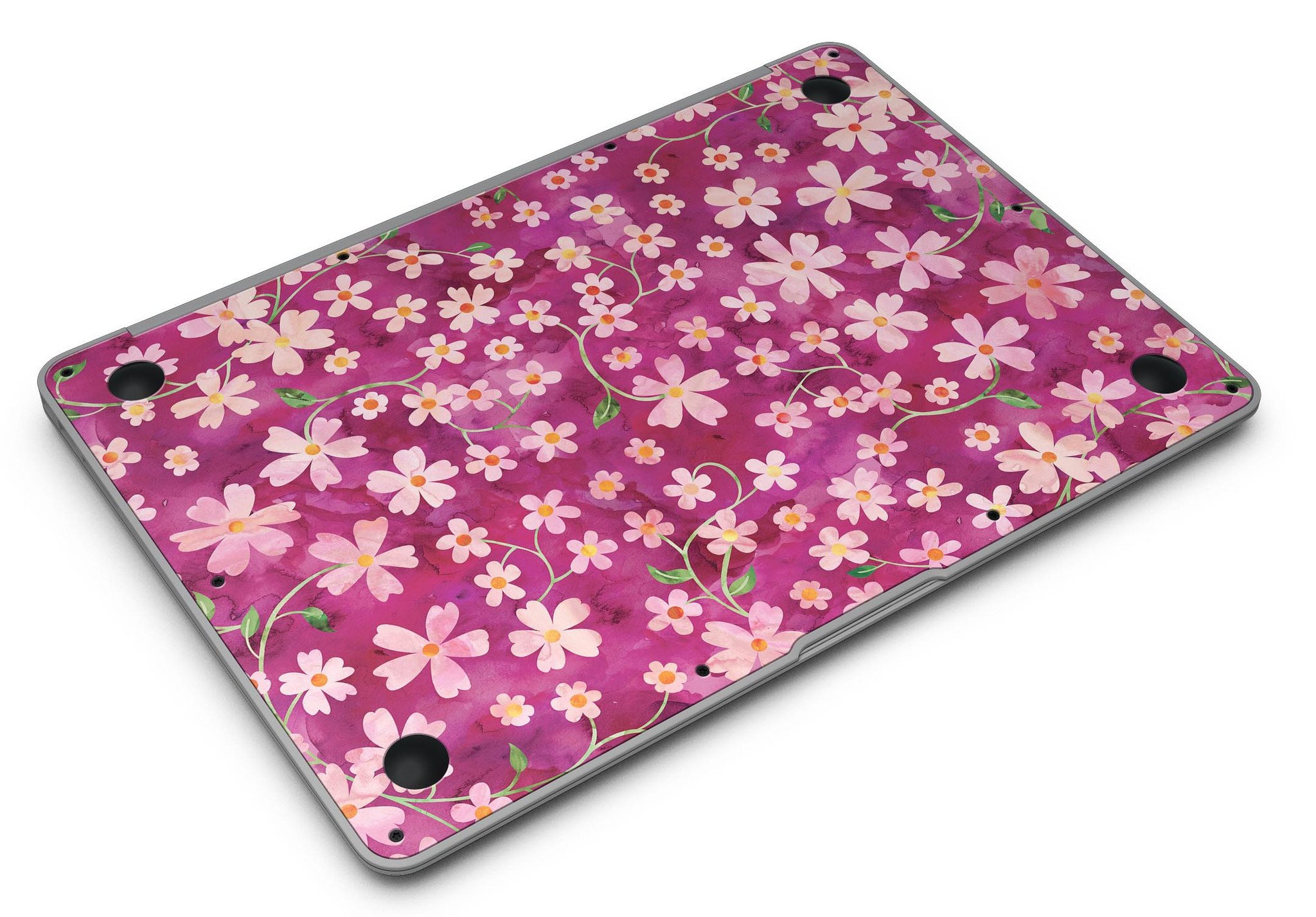 A MacBook Air adorned with a Flowers with Stems over Wine Watercolor skin, showcasing vibrant floral patterns on a sleek device.