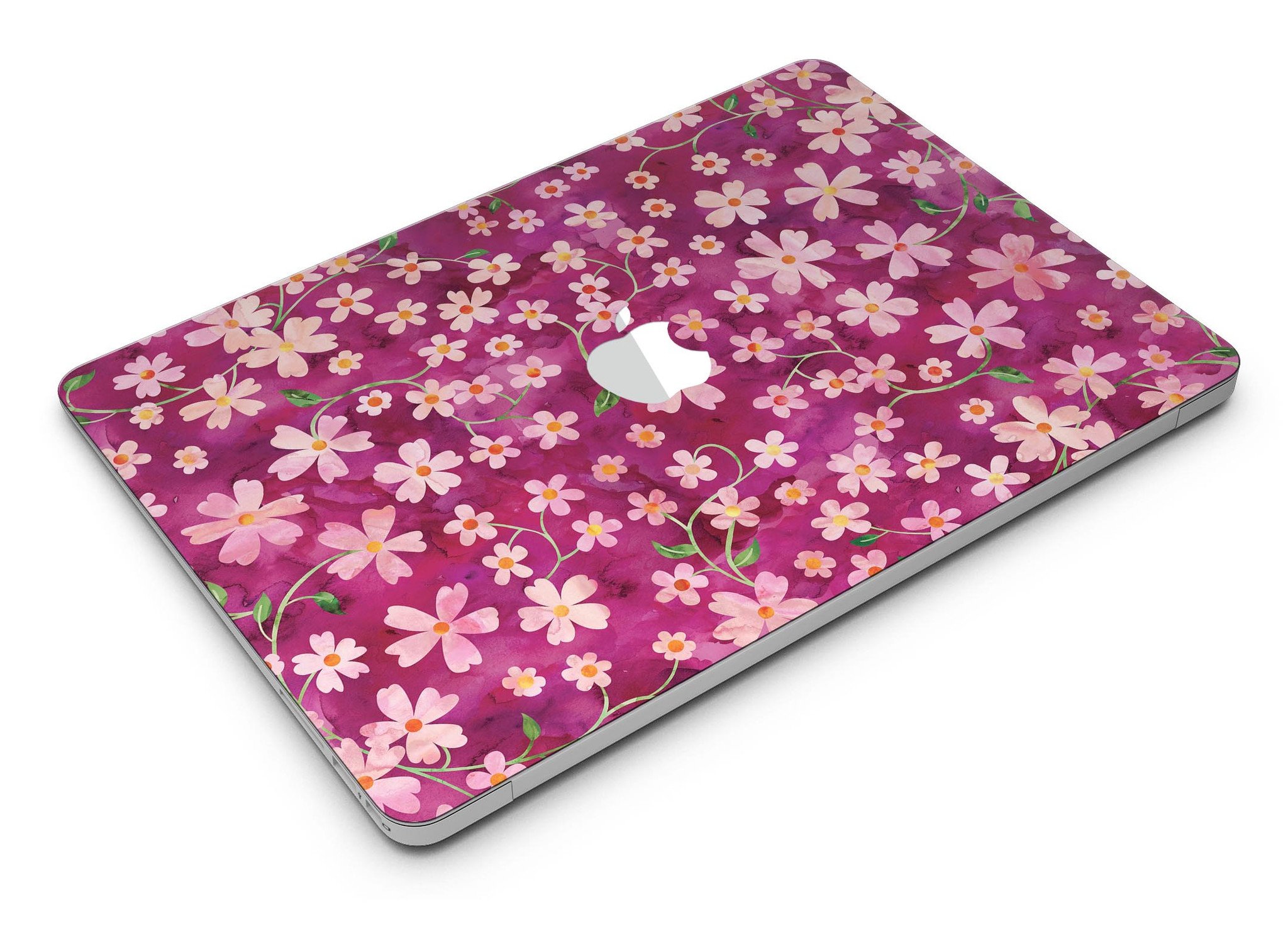 A MacBook Air adorned with a Flowers with Stems over Wine Watercolor skin, showcasing vibrant floral patterns on a sleek device.