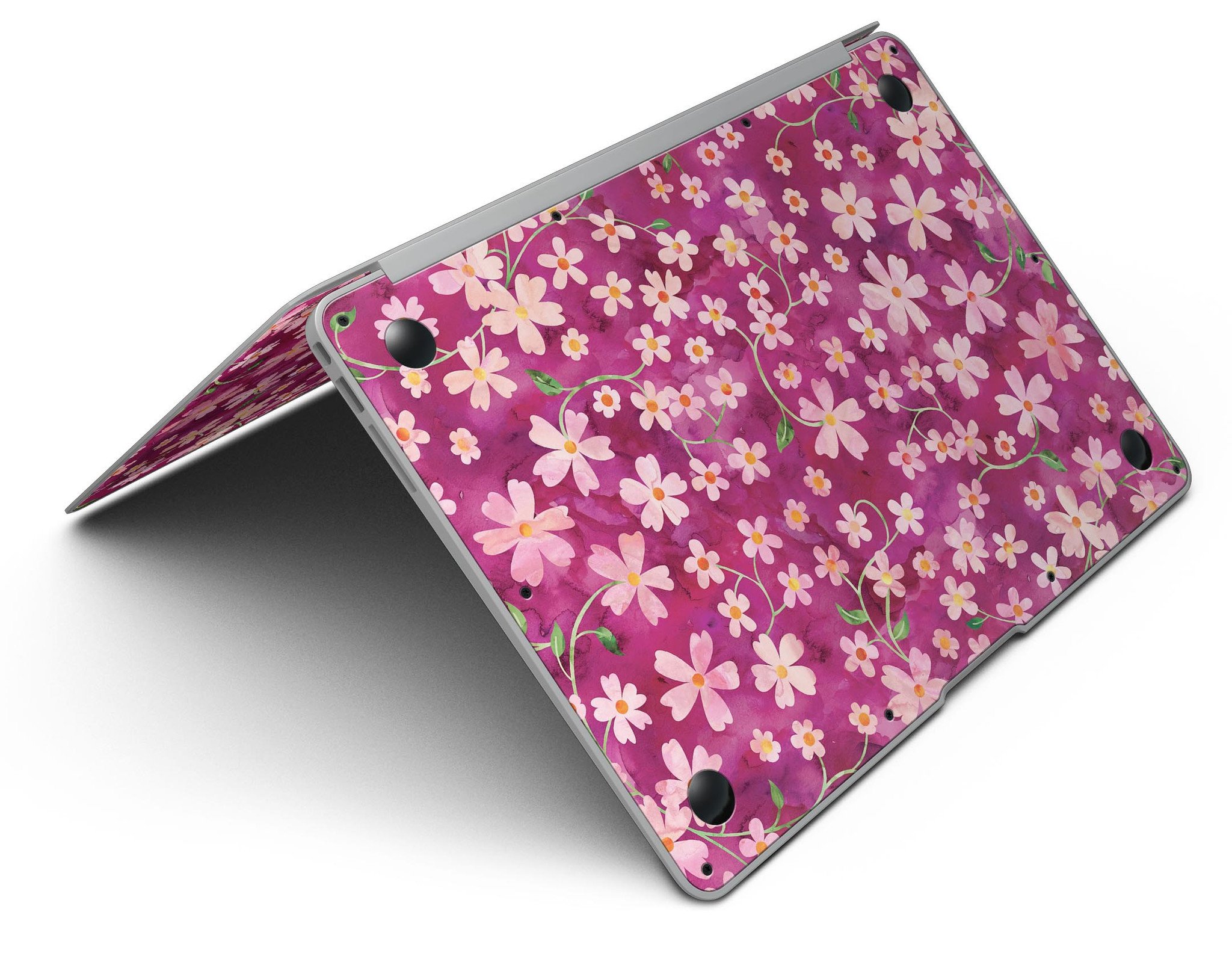 A MacBook Air adorned with a Flowers with Stems over Wine Watercolor skin, showcasing vibrant floral patterns on a sleek device.