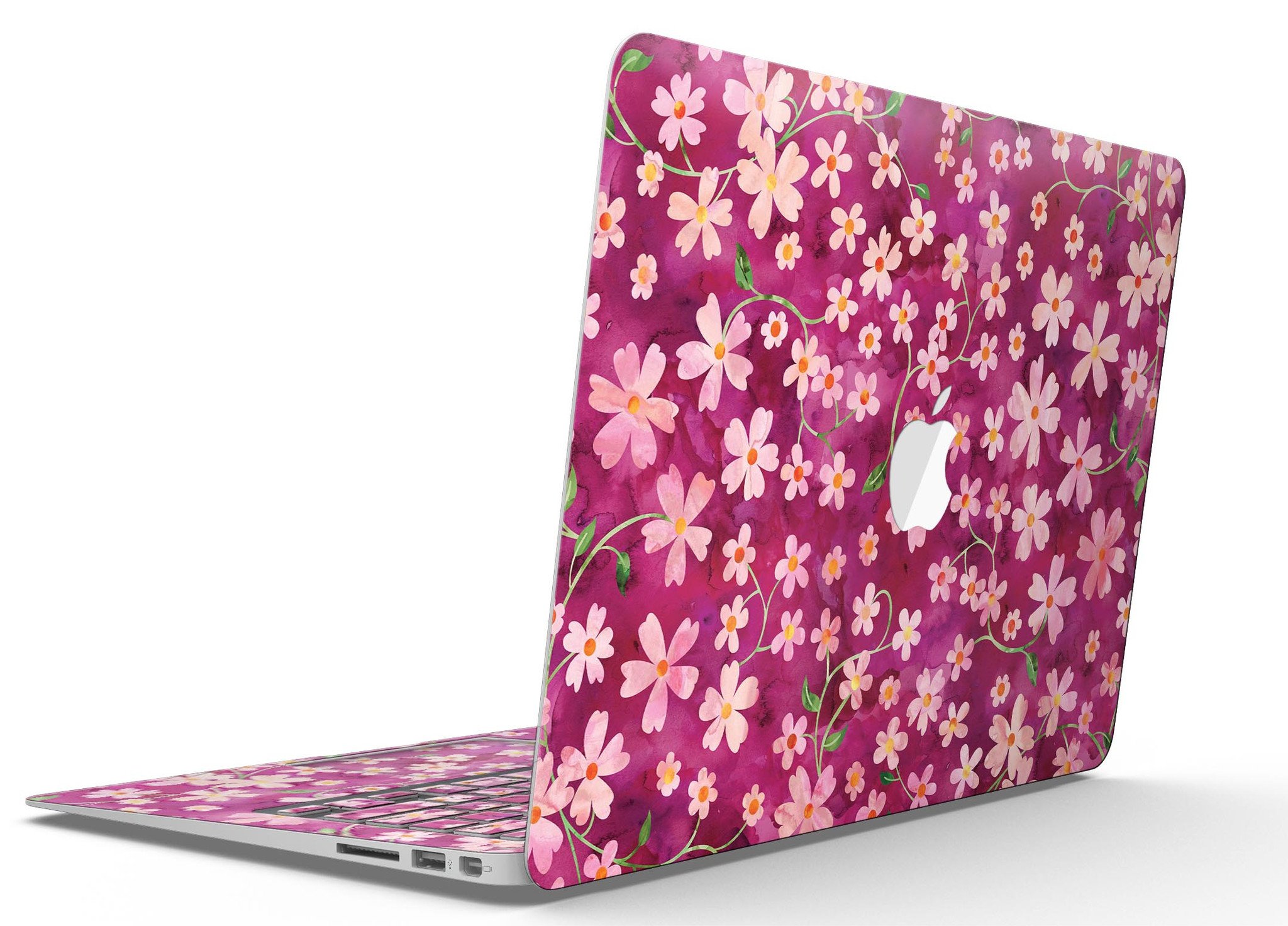 A MacBook Air adorned with a Flowers with Stems over Wine Watercolor skin, showcasing vibrant floral patterns on a sleek device.