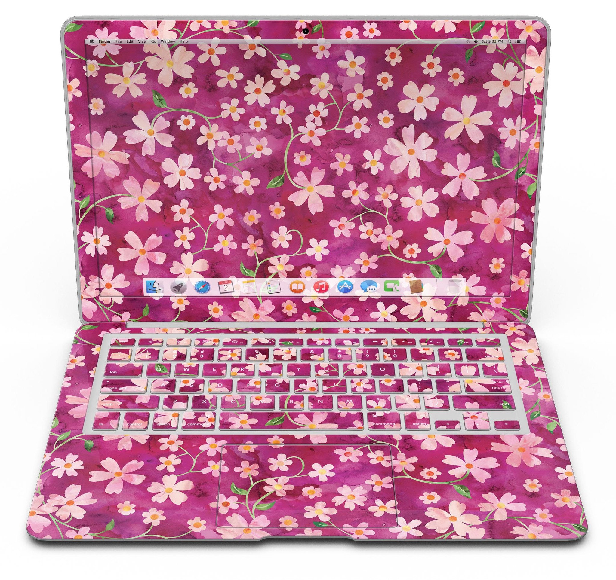 A MacBook Air adorned with a Flowers with Stems over Wine Watercolor skin, showcasing vibrant floral patterns on a sleek device.