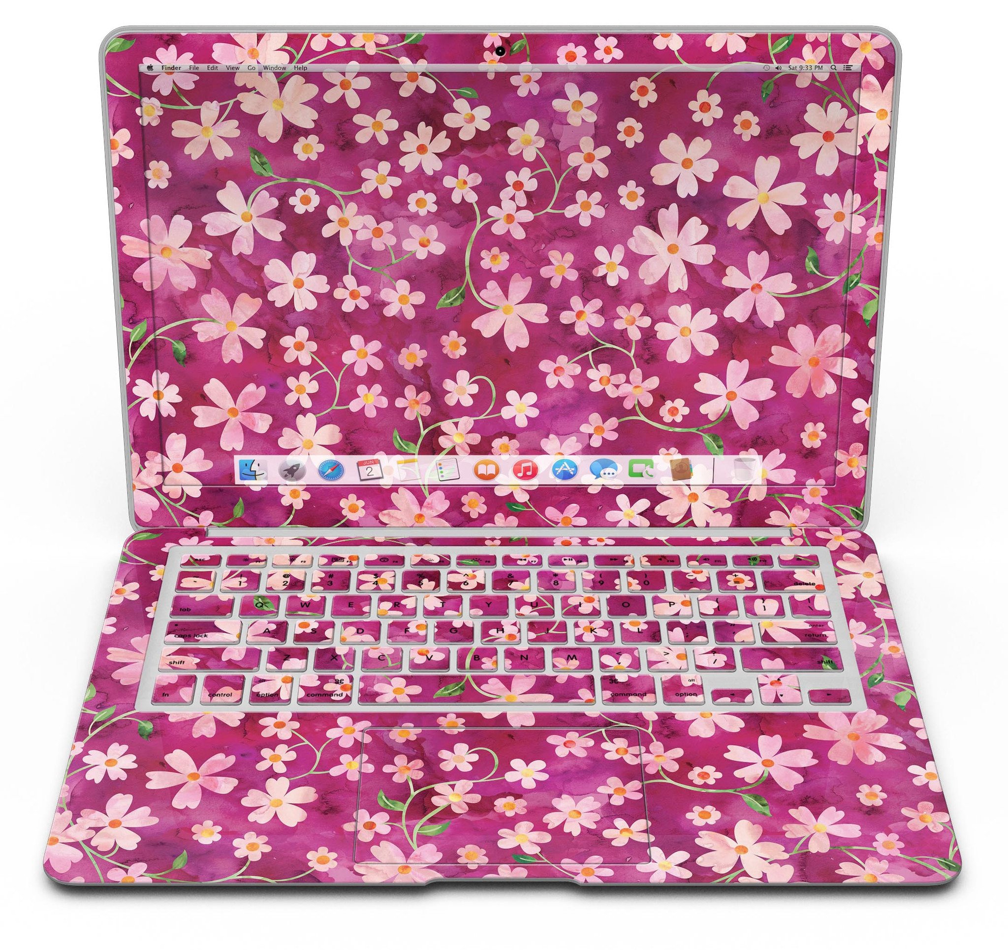 A MacBook Air adorned with a Flowers with Stems over Wine Watercolor skin, showcasing vibrant floral patterns on a sleek device.