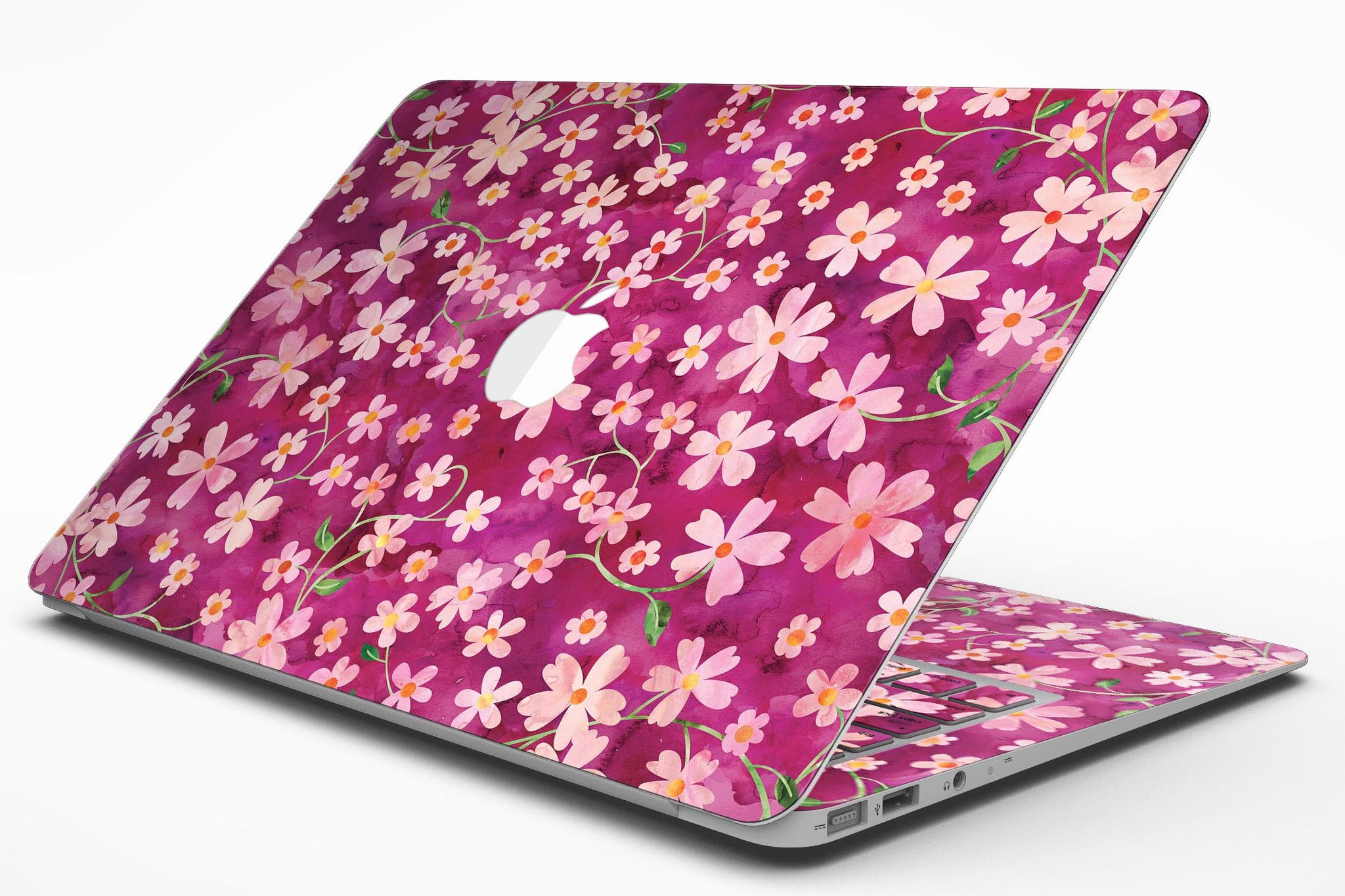 A MacBook Air adorned with a Flowers with Stems over Wine Watercolor skin, showcasing vibrant floral patterns on a sleek device.