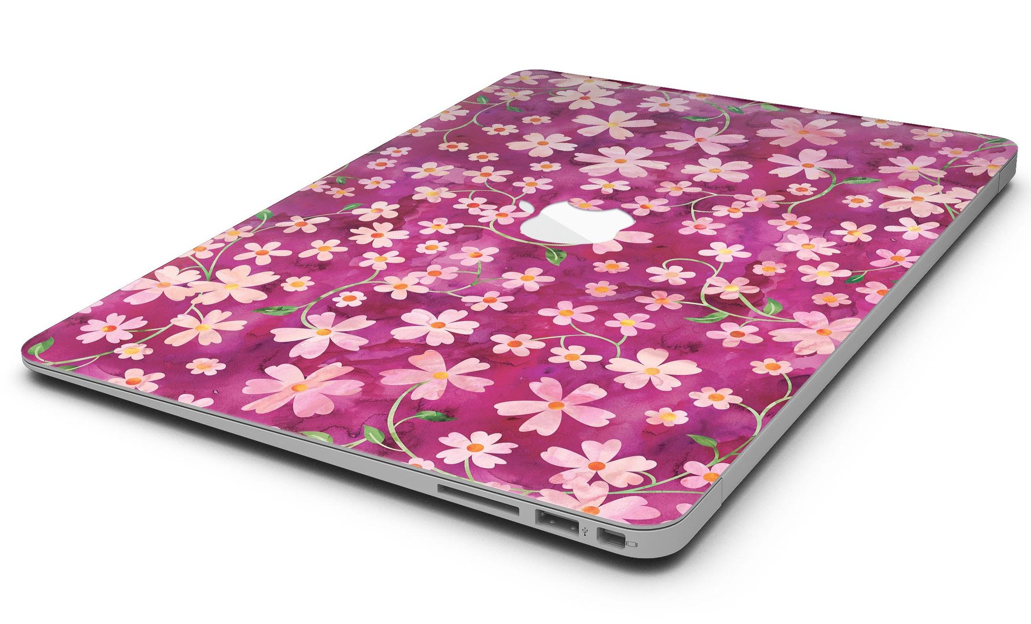 A MacBook Air adorned with a Flowers with Stems over Wine Watercolor skin, showcasing vibrant floral patterns on a sleek device.