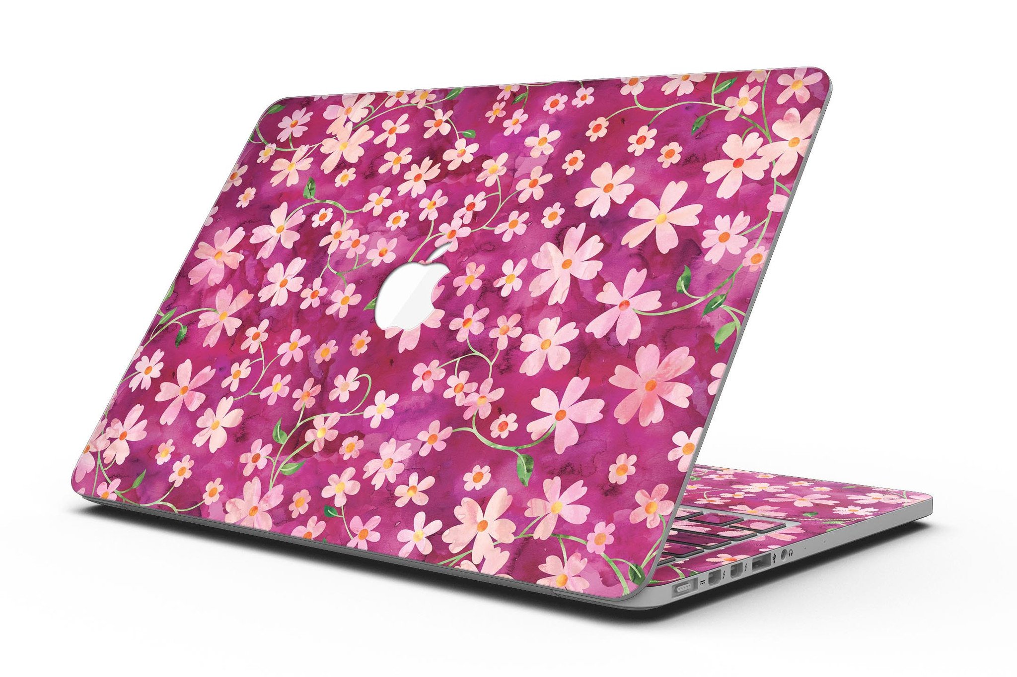 A MacBook Pro with Retina Display featuring a colorful Flowers with Stems watercolor skin, showcasing vibrant floral designs.