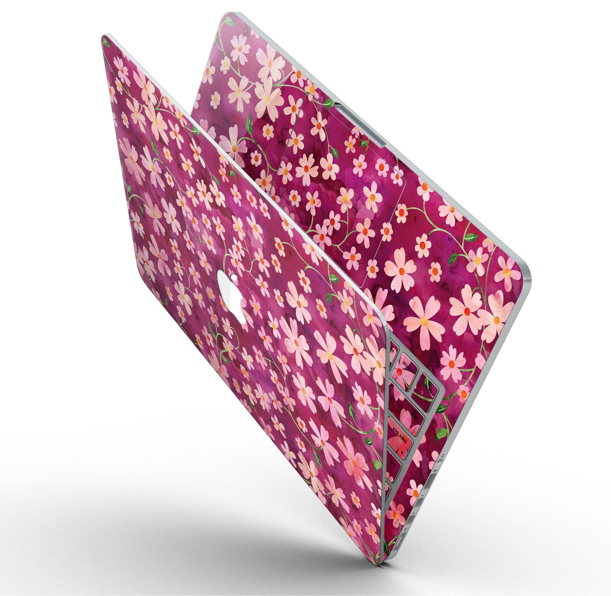 A MacBook Pro with Retina Display featuring a colorful Flowers with Stems watercolor skin, showcasing vibrant floral designs.