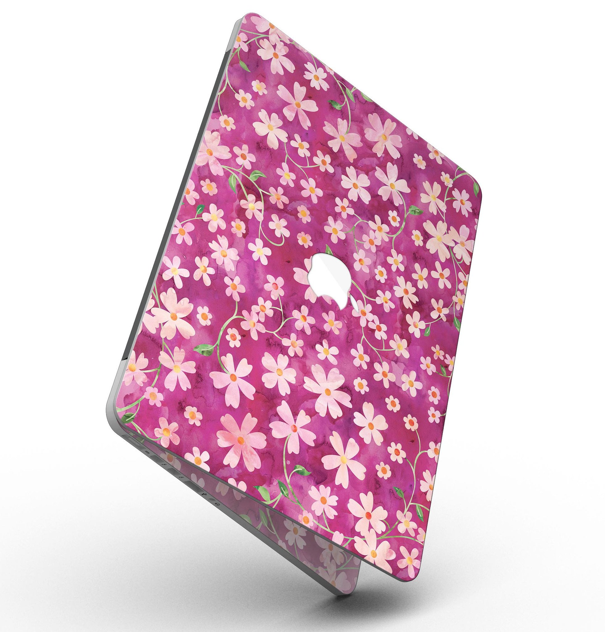 A MacBook Pro with Retina Display featuring a colorful Flowers with Stems watercolor skin, showcasing vibrant floral designs.