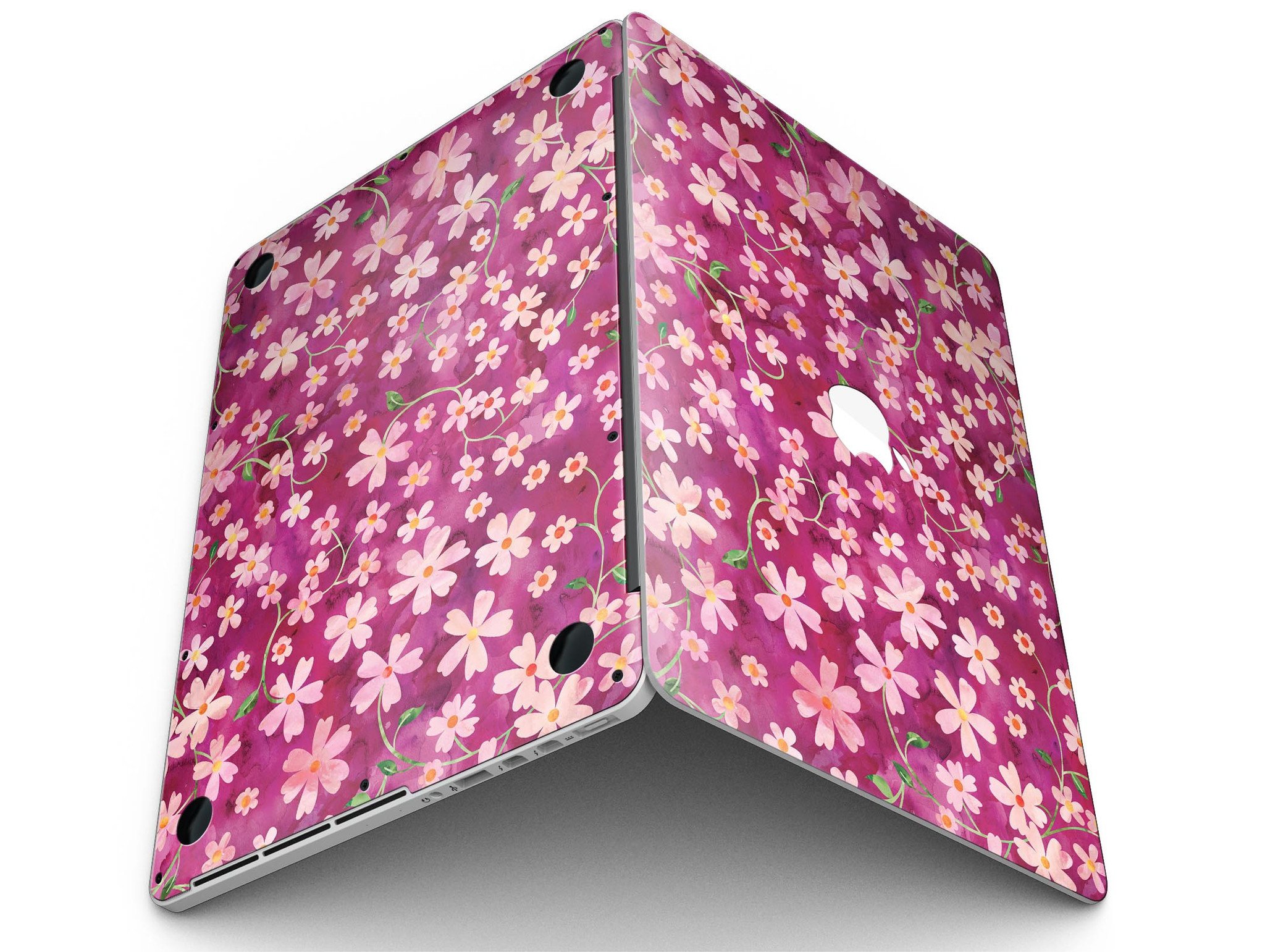 A MacBook Pro with Retina Display featuring a colorful Flowers with Stems watercolor skin, showcasing vibrant floral designs.