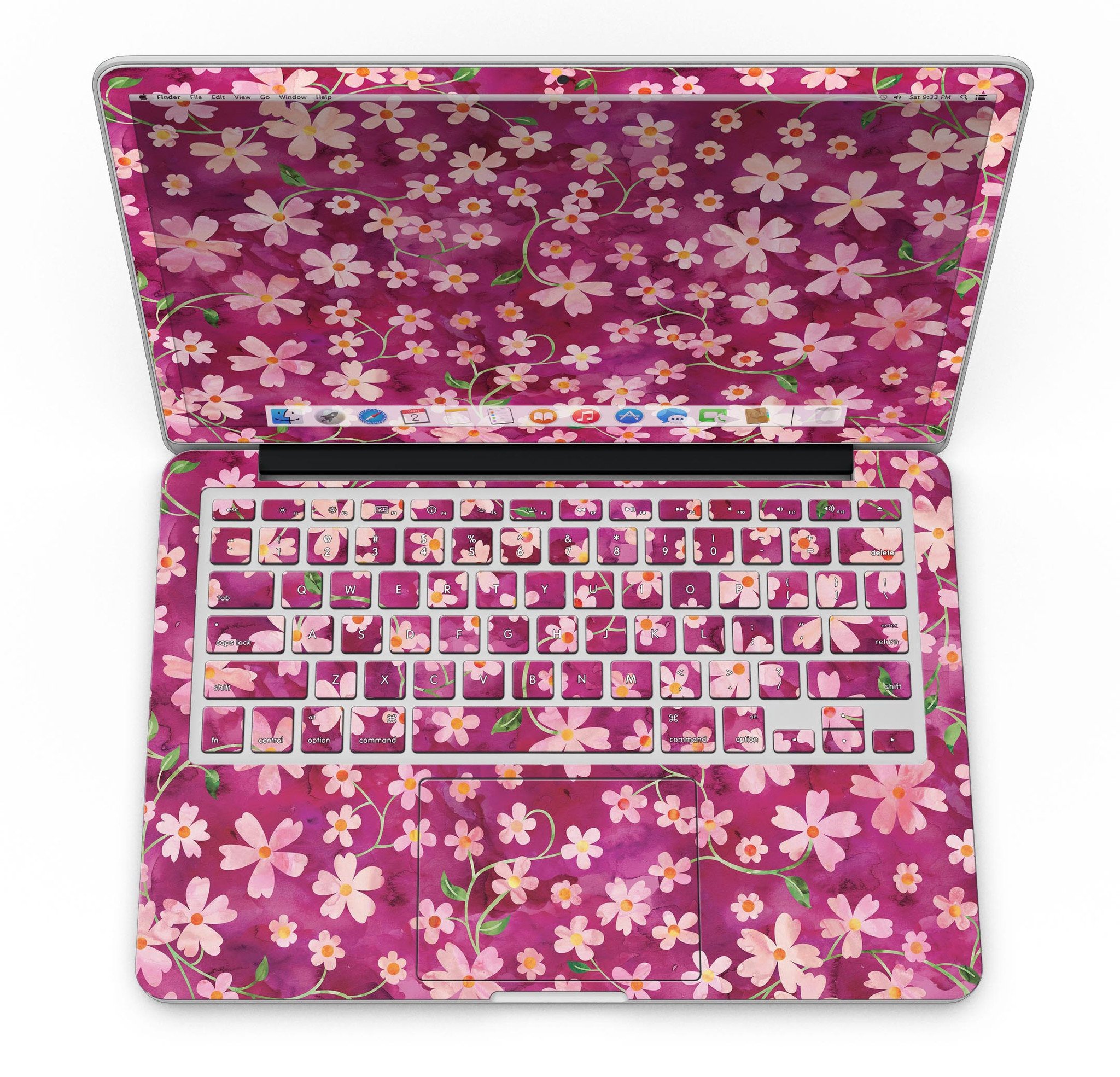 A MacBook Pro with Retina Display featuring a colorful Flowers with Stems watercolor skin, showcasing vibrant floral designs.