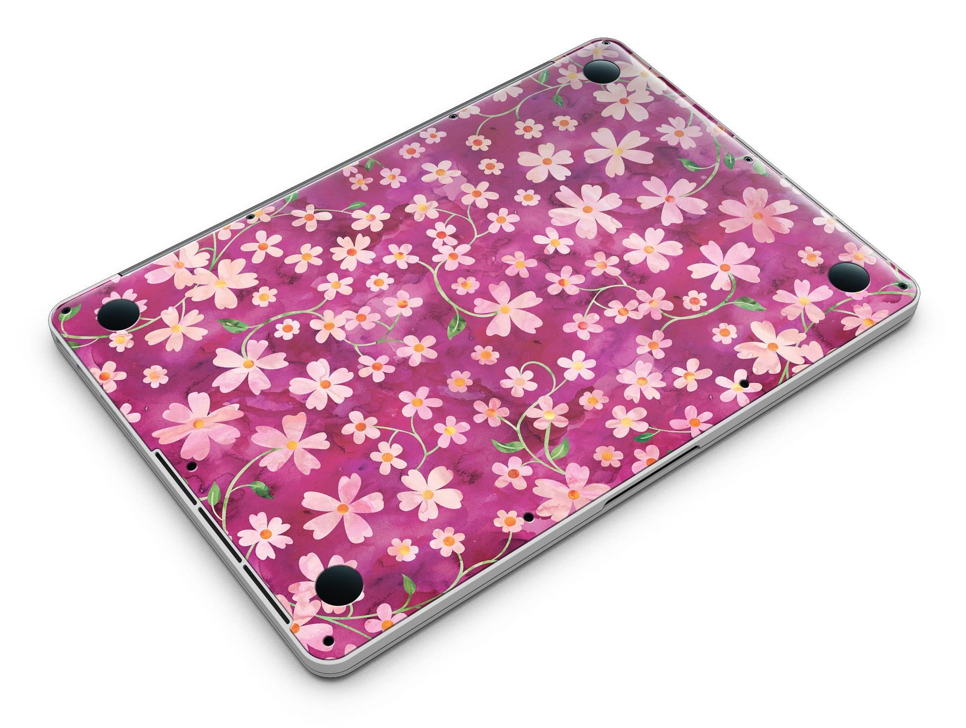 A MacBook Pro with Retina Display featuring a colorful Flowers with Stems watercolor skin, showcasing vibrant floral designs.