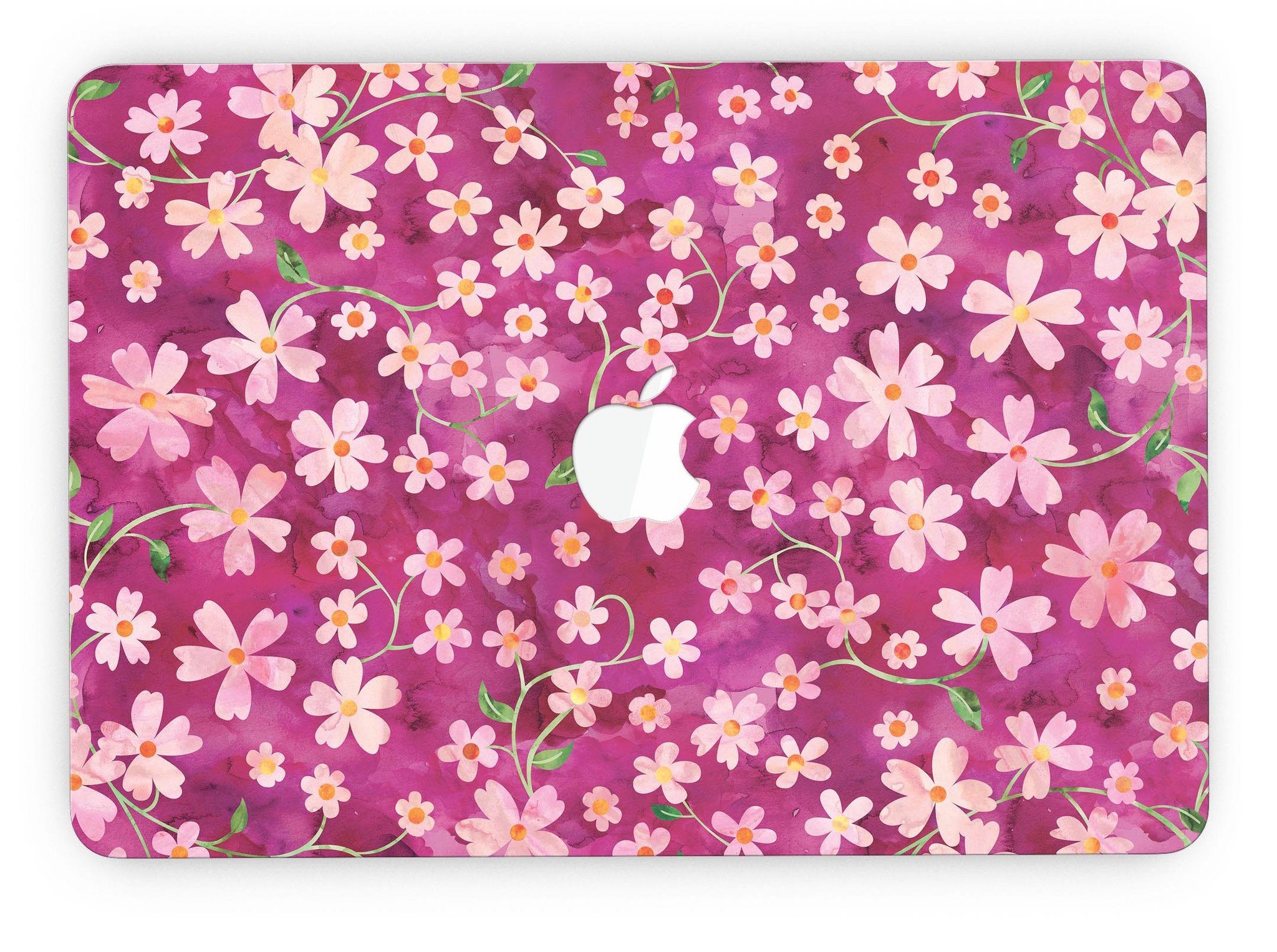 A MacBook Pro with Retina Display featuring a colorful Flowers with Stems watercolor skin, showcasing vibrant floral designs.