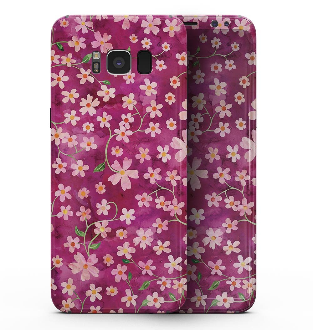 Samsung Galaxy S8 with Flowers and Stems over Wine Watercolor skin, showcasing vibrant floral design on a sleek device.