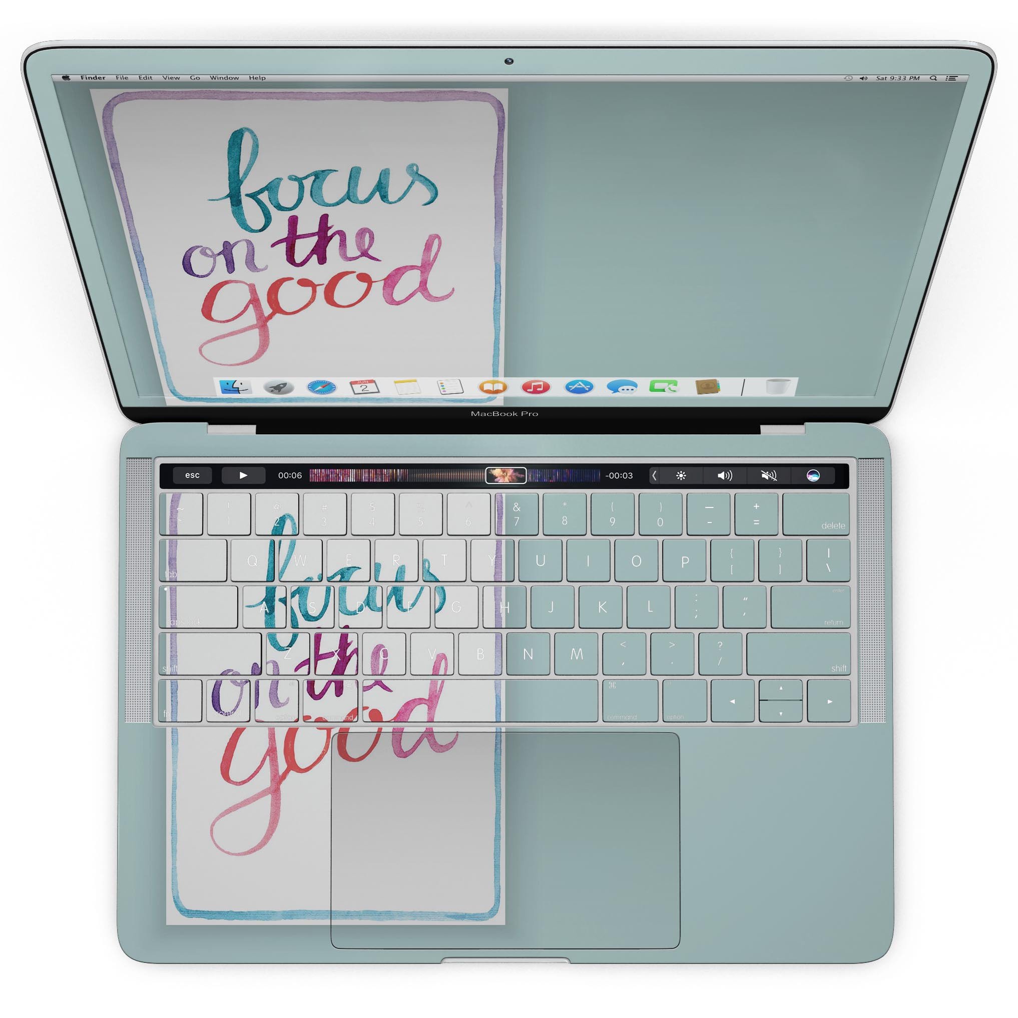 Focus on the Good MacBook Pro with Touch Bar Skin Kit showcasing glossy and matte finishes, designed for protection and style.