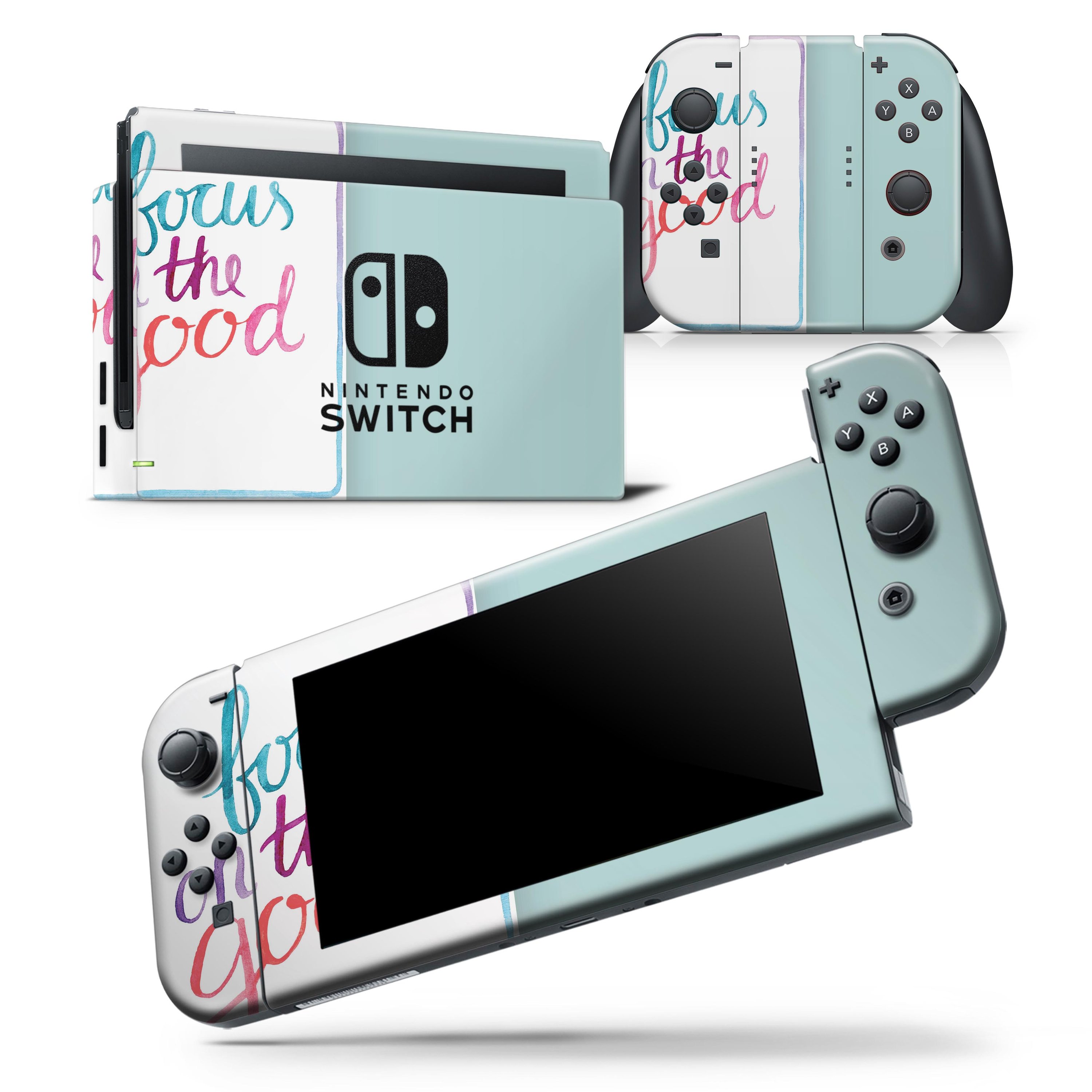 Focus on the Good Skin Wrap Decal for Nintendo Switch Lite, showcasing a vibrant design that fits snugly on the console and controllers.