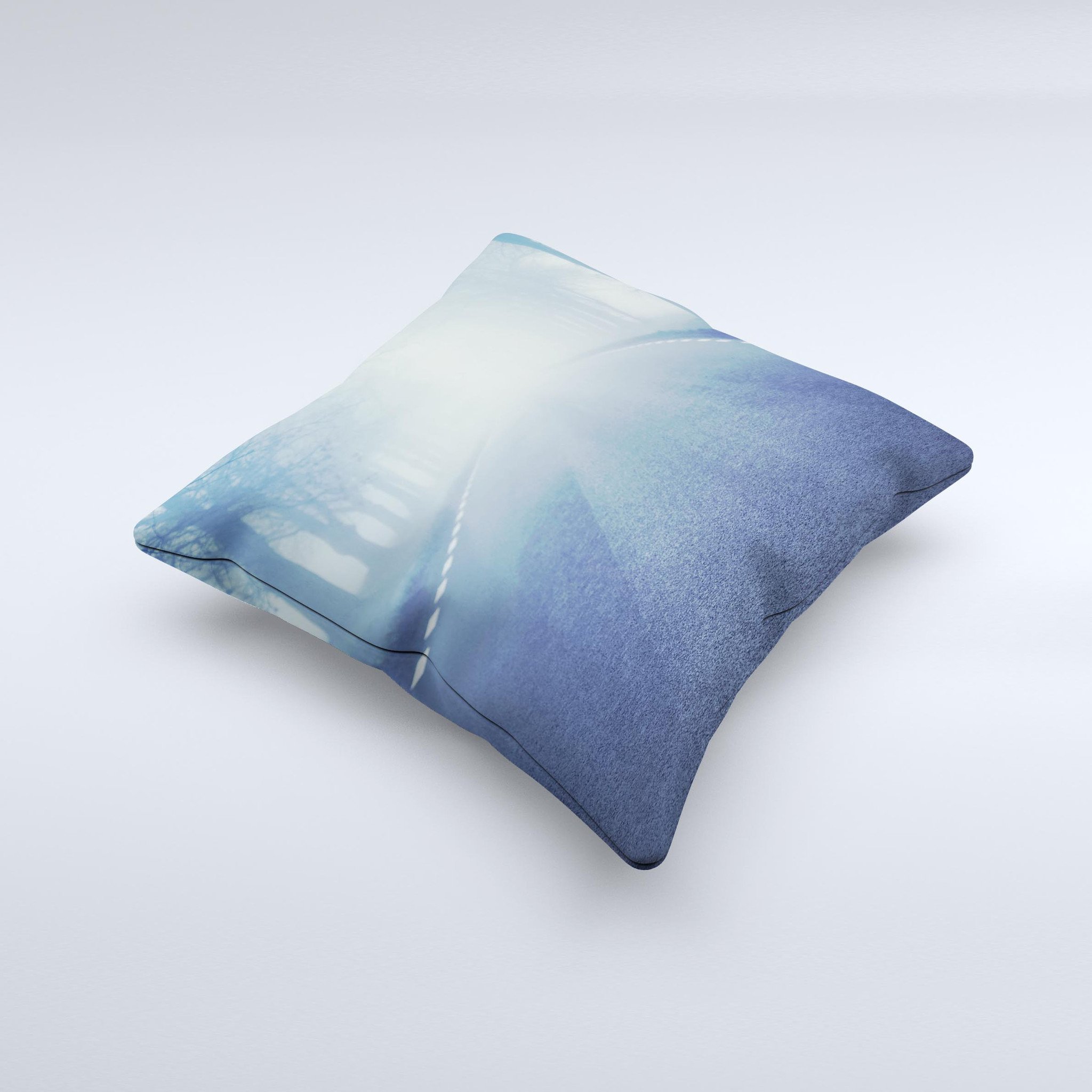 Foggy Back Road ink-Fuzed Decorative Throw Pillow featuring a unique handcrafted design with high thread count covering.