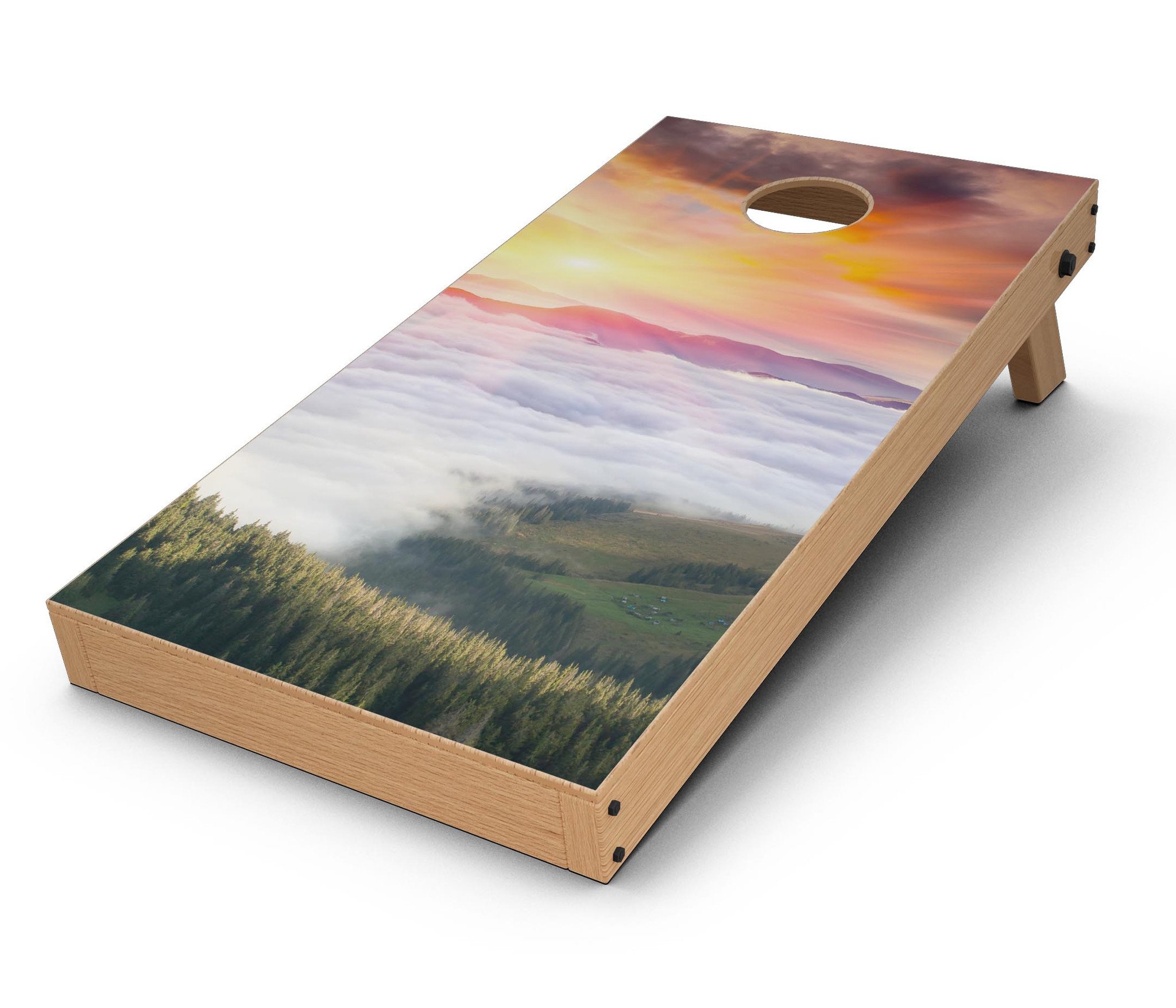 Foggy Mountainside CornHole Board Skin Decal Kit showcasing a beautiful mountain landscape design, perfect for customizing Cornhole boards.