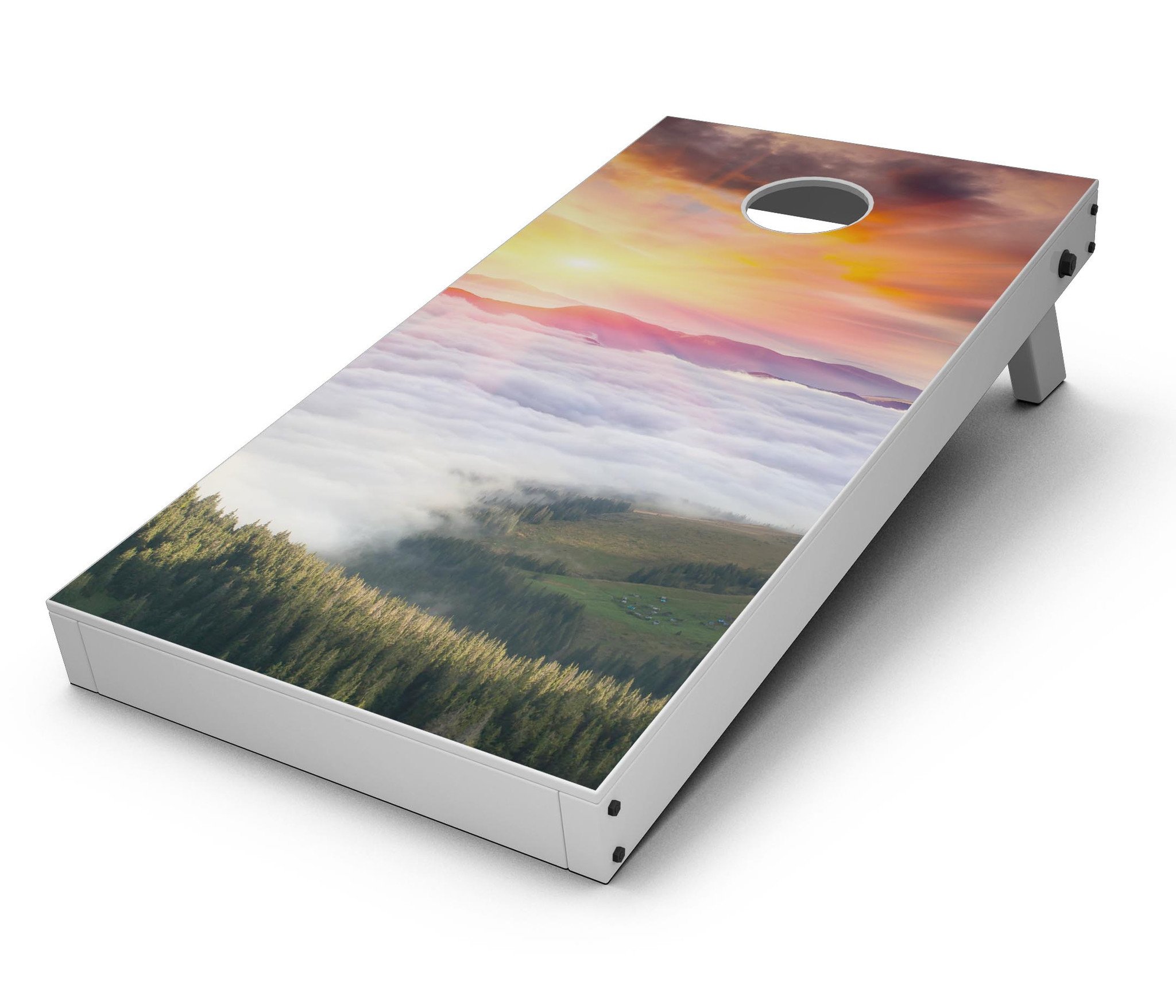 Foggy Mountainside CornHole Board Skin Decal Kit showcasing a beautiful mountain landscape design, perfect for customizing Cornhole boards.